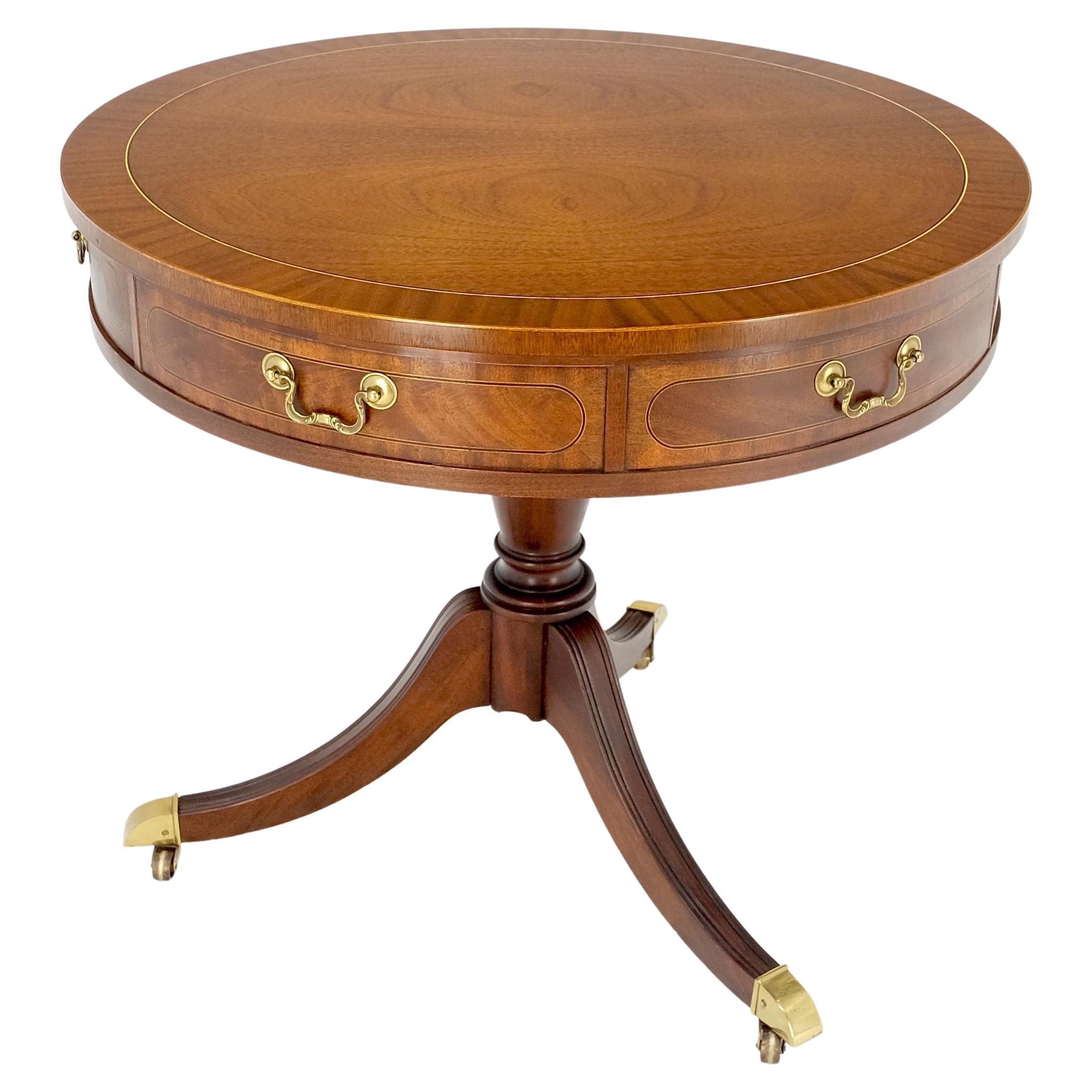 Baker Banded Mahogany Two Drawers Round Drum Gueridon Center Table Pencil Inlay For Sale