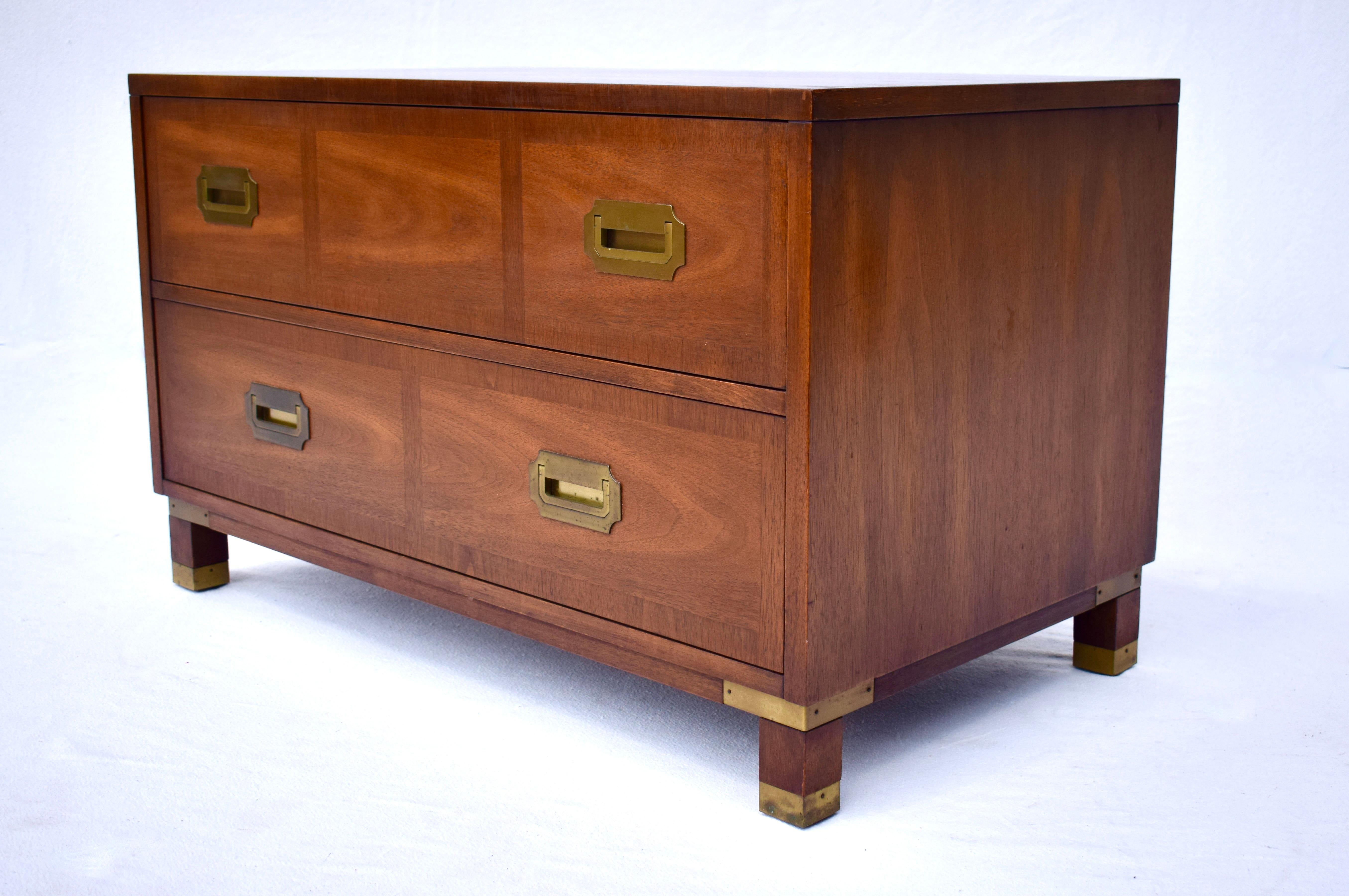 Baker Banded Walnut Brass Campaign Style Chest of Drawers In Good Condition For Sale In Southampton, NJ