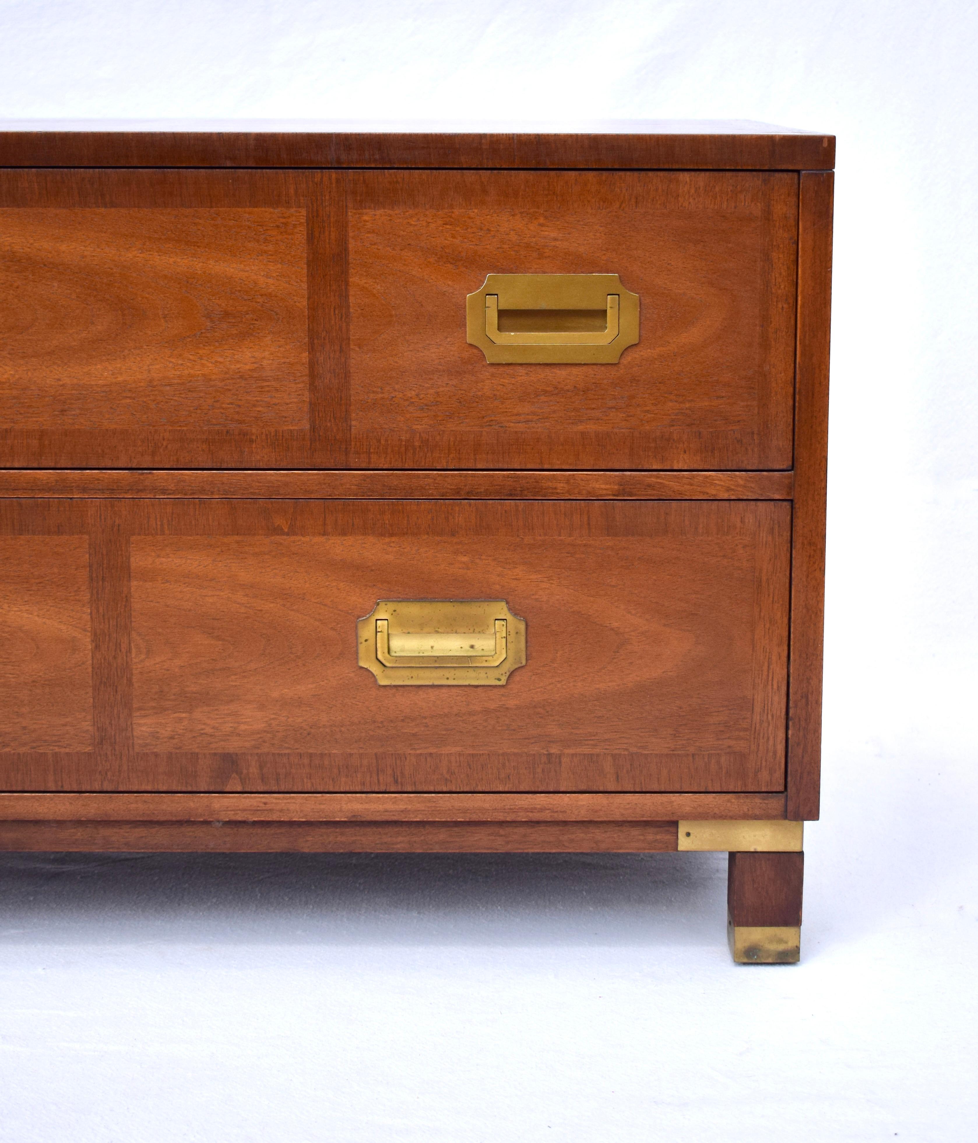20th Century Baker Banded Walnut Brass Campaign Style Chest of Drawers For Sale