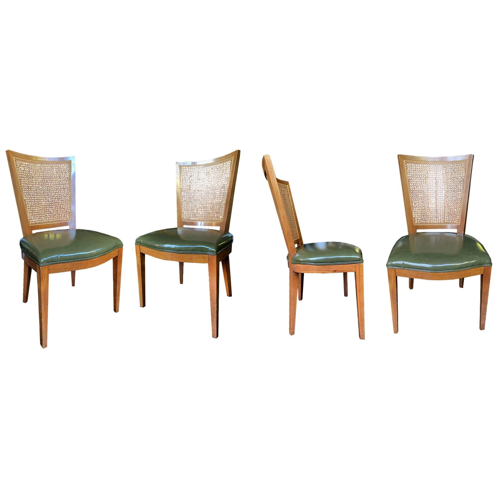 Baker Beech and Faux Leather Chairs with Caning, a Set of 4