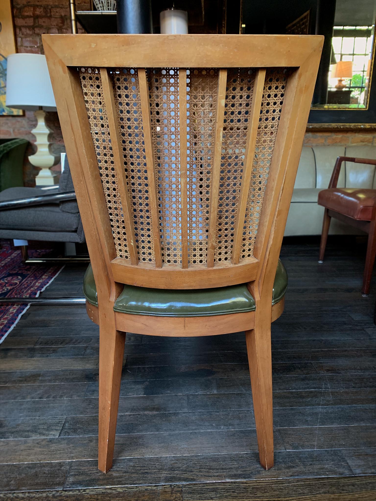 20th Century Baker Beech and Faux Leather Chairs with Caning, a Set of 4