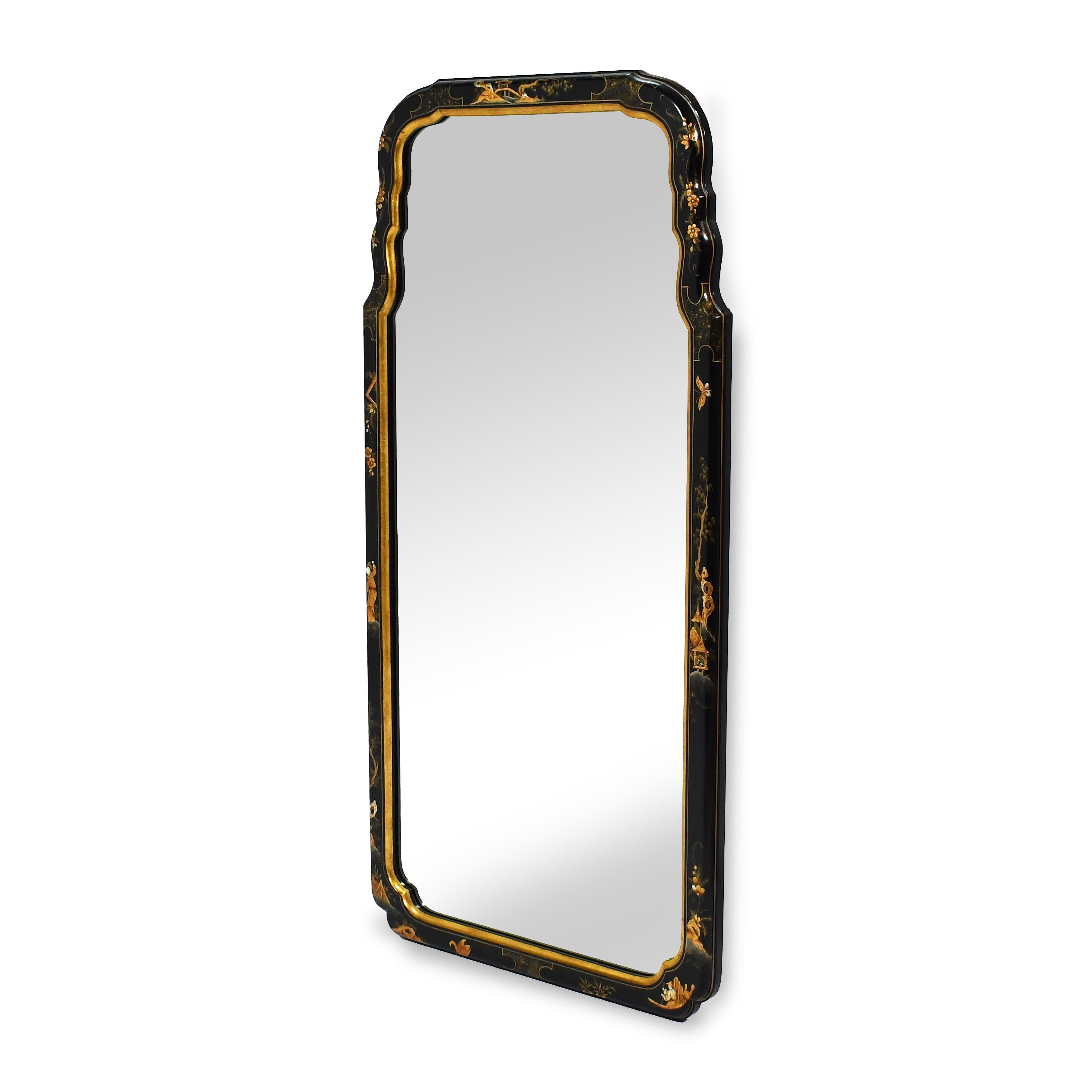 American Baker Black Lacquer and Chinoiserie Framed Wall Mirror