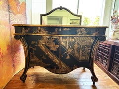 BAKER Black Lacquer and Gilt Chinoiserie Commode with Mirror, circa 1985