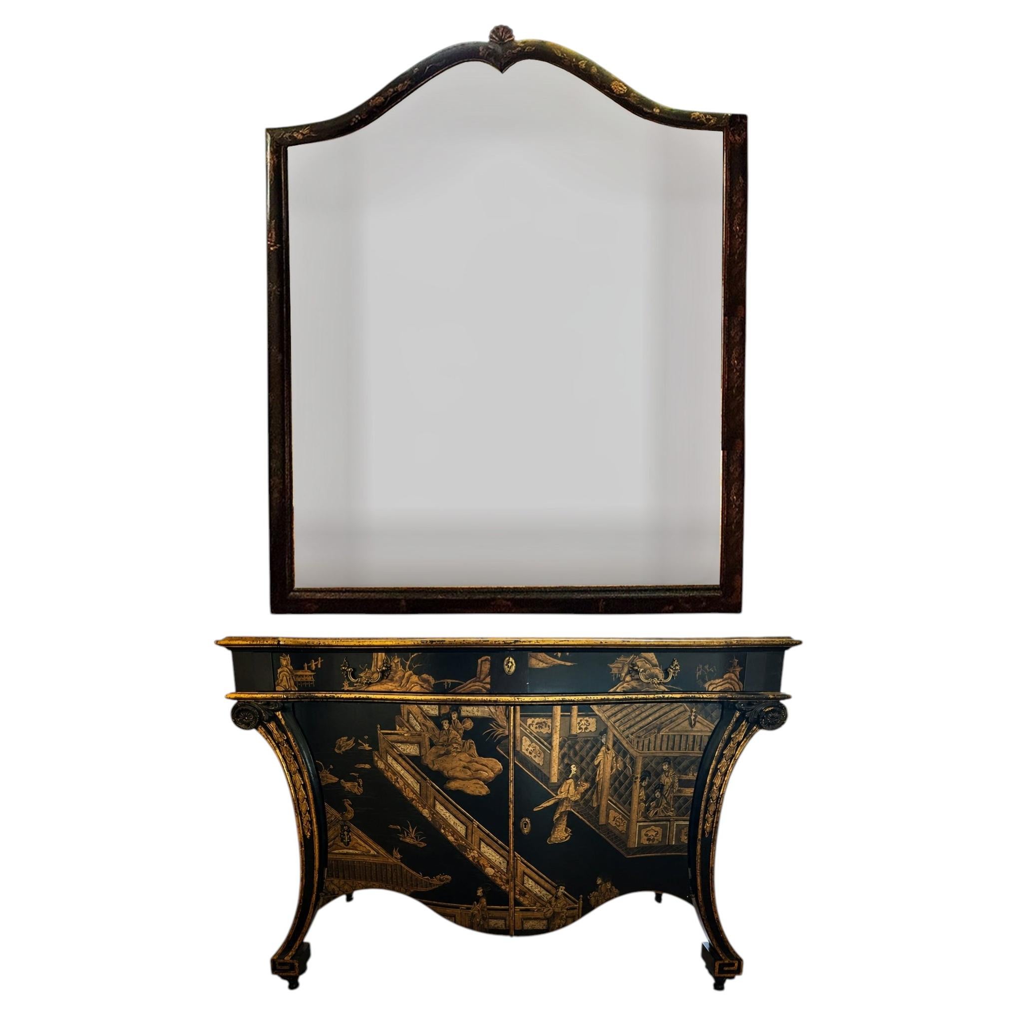 BAKER Black Lacquer and Gilt Chinoiserie Commode (Chest) with Mirror, circa 1985