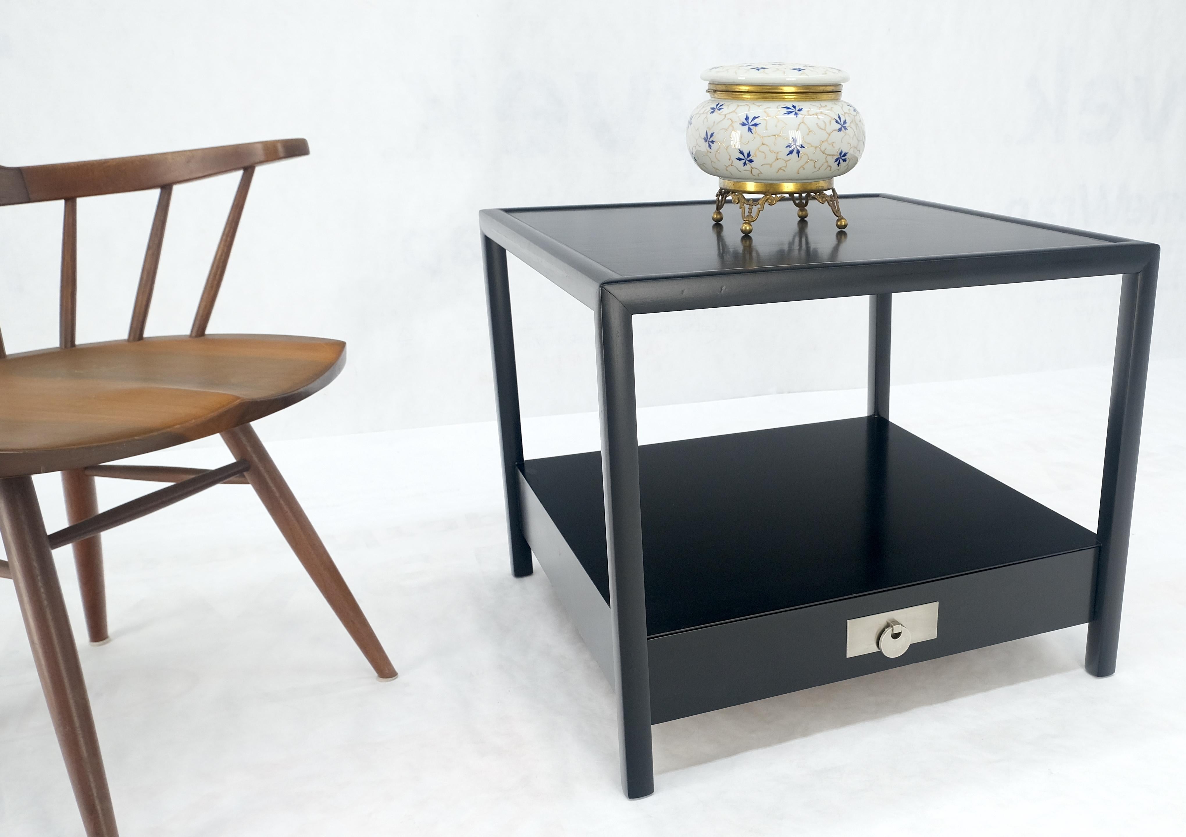 20th Century Baker Black Lacquer One Drawer Two Tier Square Side End Table Night Stand MINT! For Sale