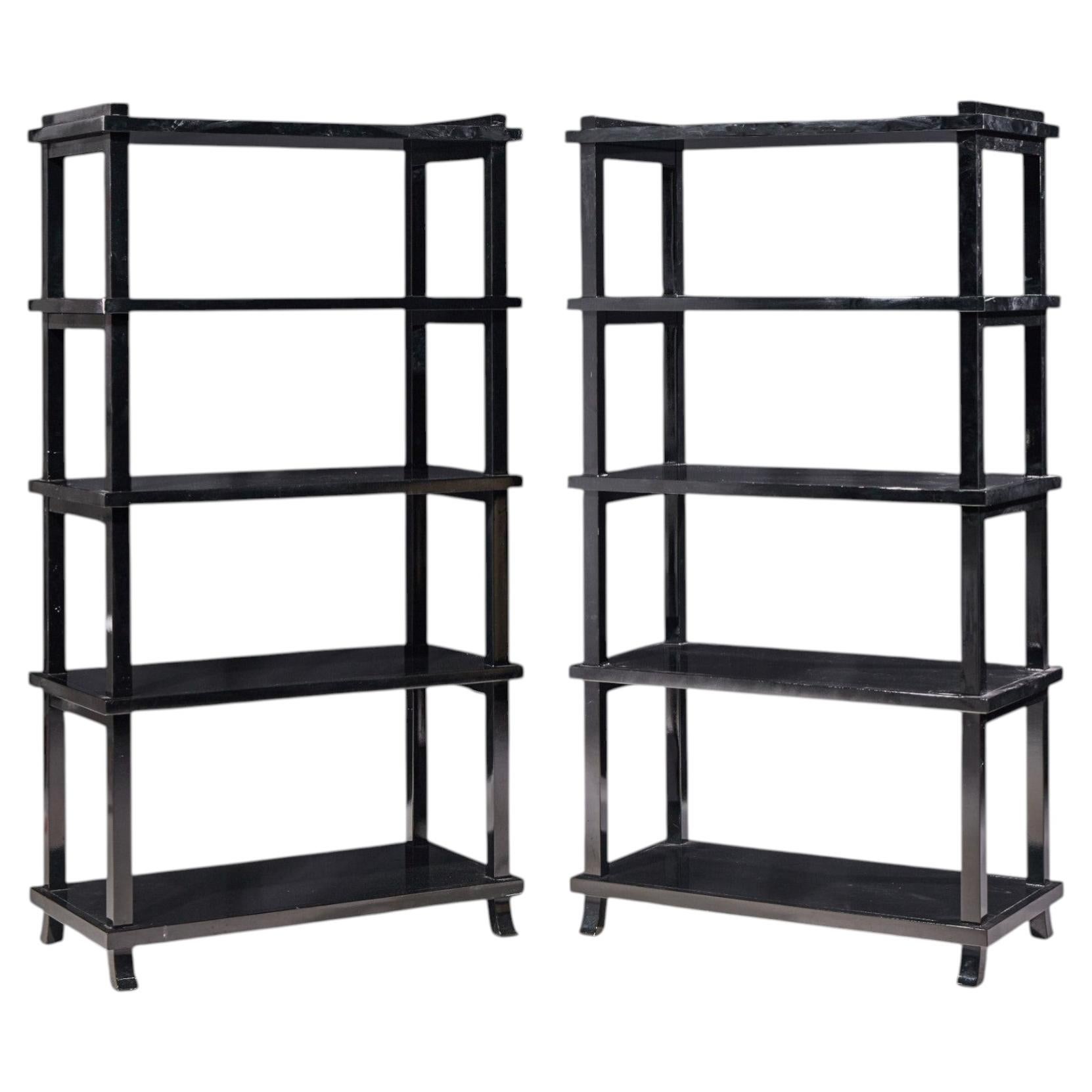 Baker Black Lacquered Etagere Shelves - Pair For Sale