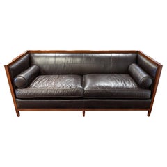 Baker Black Leather Contemporary Sofa Loveseat with Wood Trim