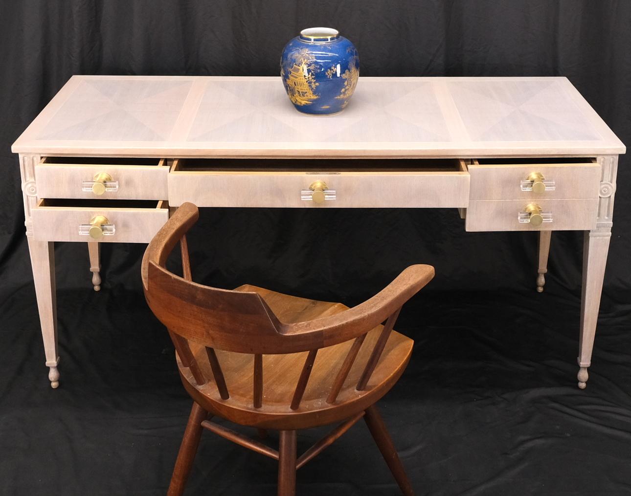 Baker Bleached Walnut Lucite & Brass Pulls 4 Drawer Low Profile Desk Console For Sale 4