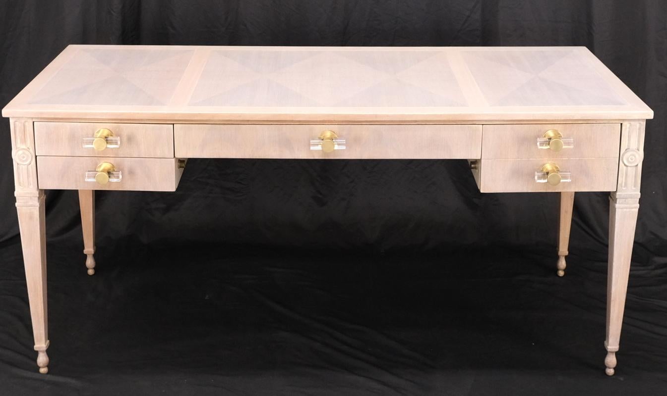 American Baker Bleached Walnut Lucite & Brass Pulls 4 Drawer Low Profile Desk Console For Sale