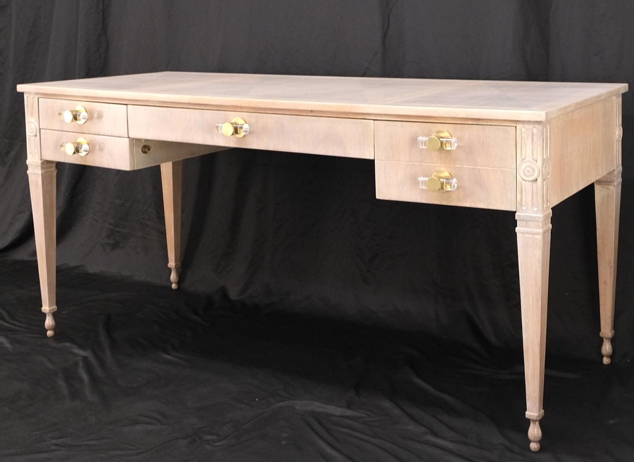 20th Century Baker Bleached Walnut Lucite & Brass Pulls 4 Drawer Low Profile Desk Console For Sale