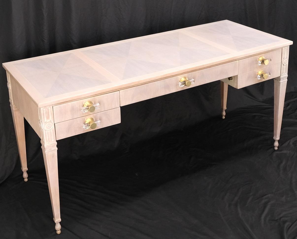 Baker Bleached Walnut Lucite & Brass Pulls 4 Drawer Low Profile Desk Console For Sale 1