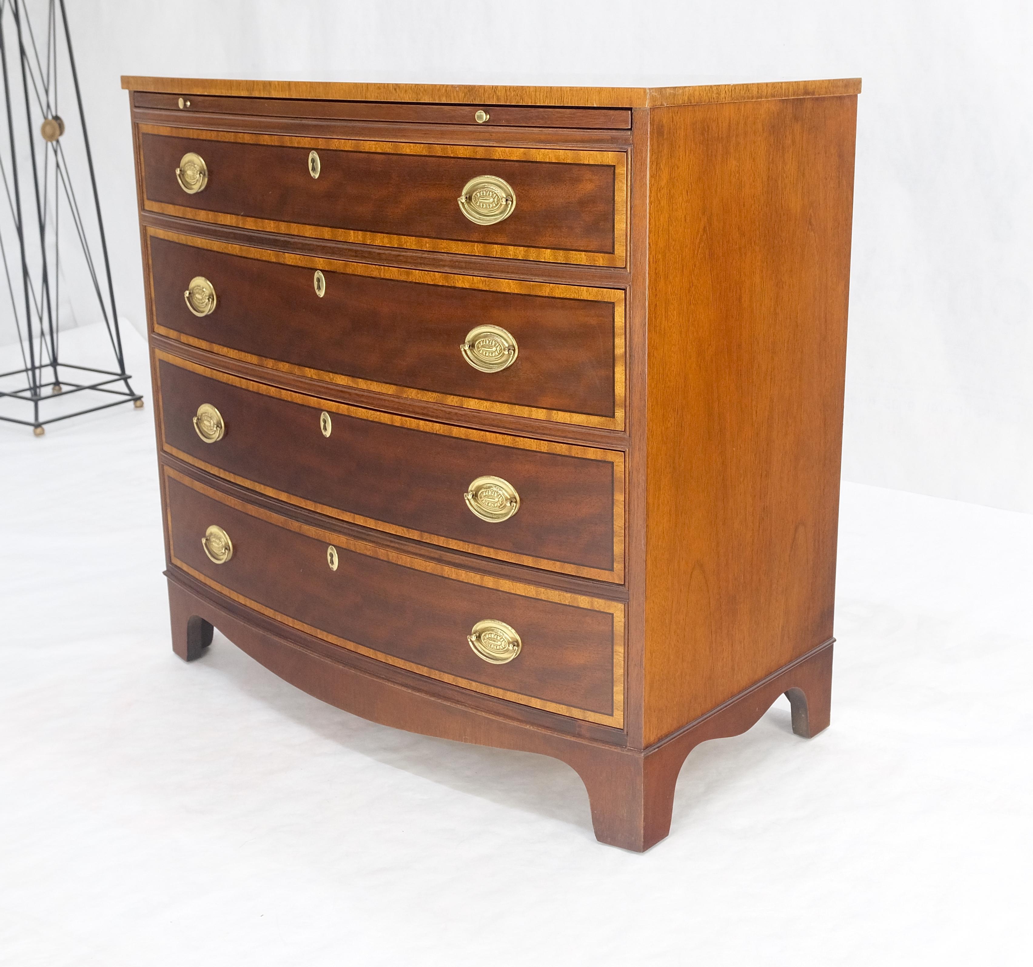 Brass BAKER Bow Front Banded Top & 4 Drawers Pull Out Desk Bachelor Chest Dresser MINT For Sale