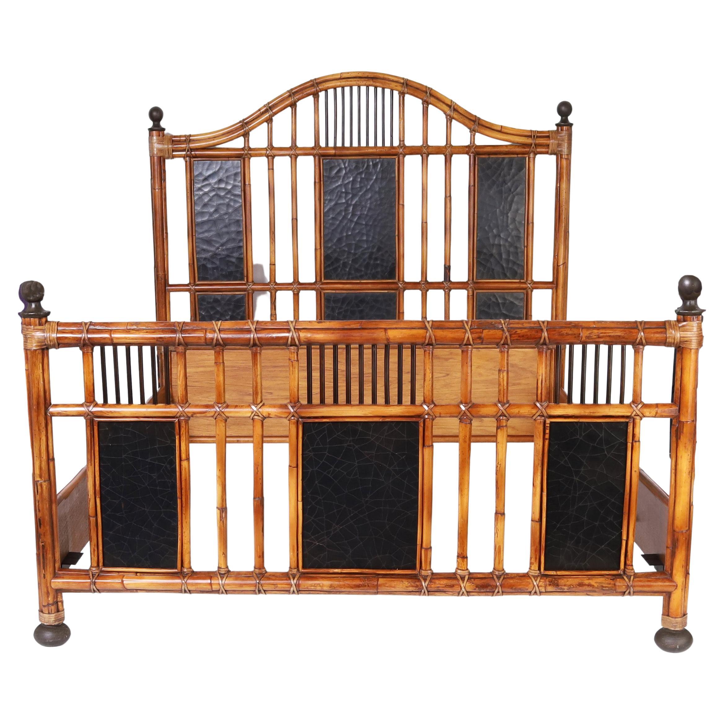 Baker British Colonial Style Bamboo Queen Bed Frame  For Sale
