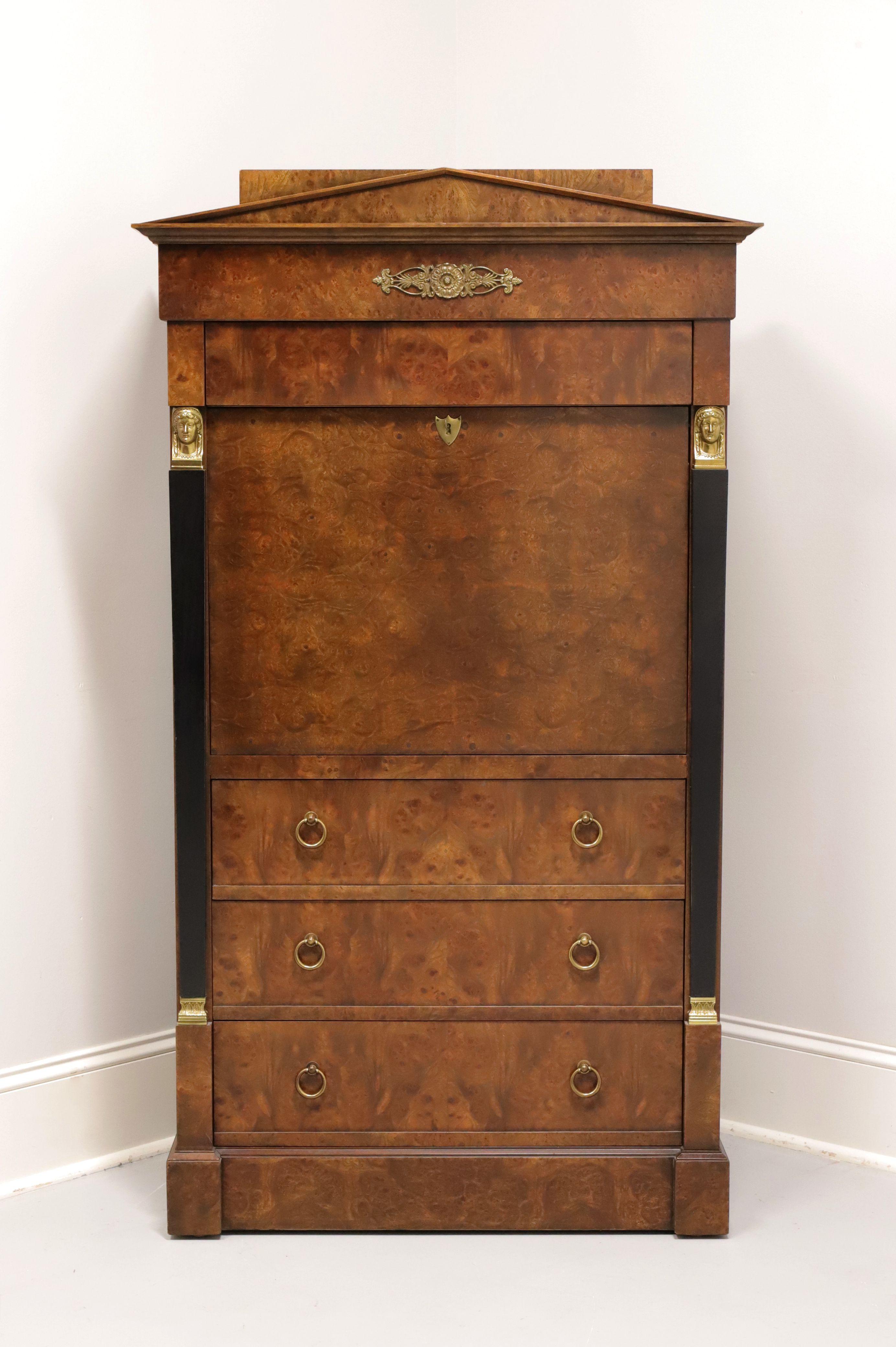 A French Regency style abatante secretary desk by Baker Furniture. Burl walnut with brass hardware, black painted side & interior columns, brass ornamentation to entablature & side columns, pediment top, and solid base. Upper section has one drawer