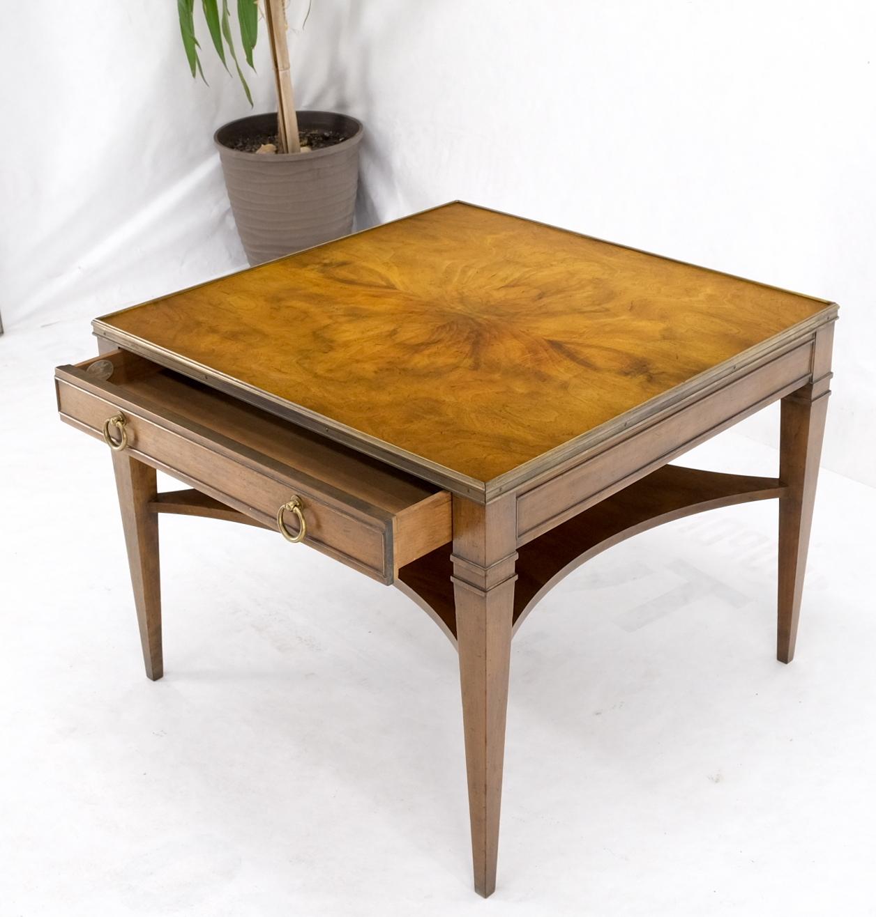 Baker Burl Walnut Square Brass Gallery Top Drawer Side Lamp Table Night Stand In Good Condition For Sale In Rockaway, NJ