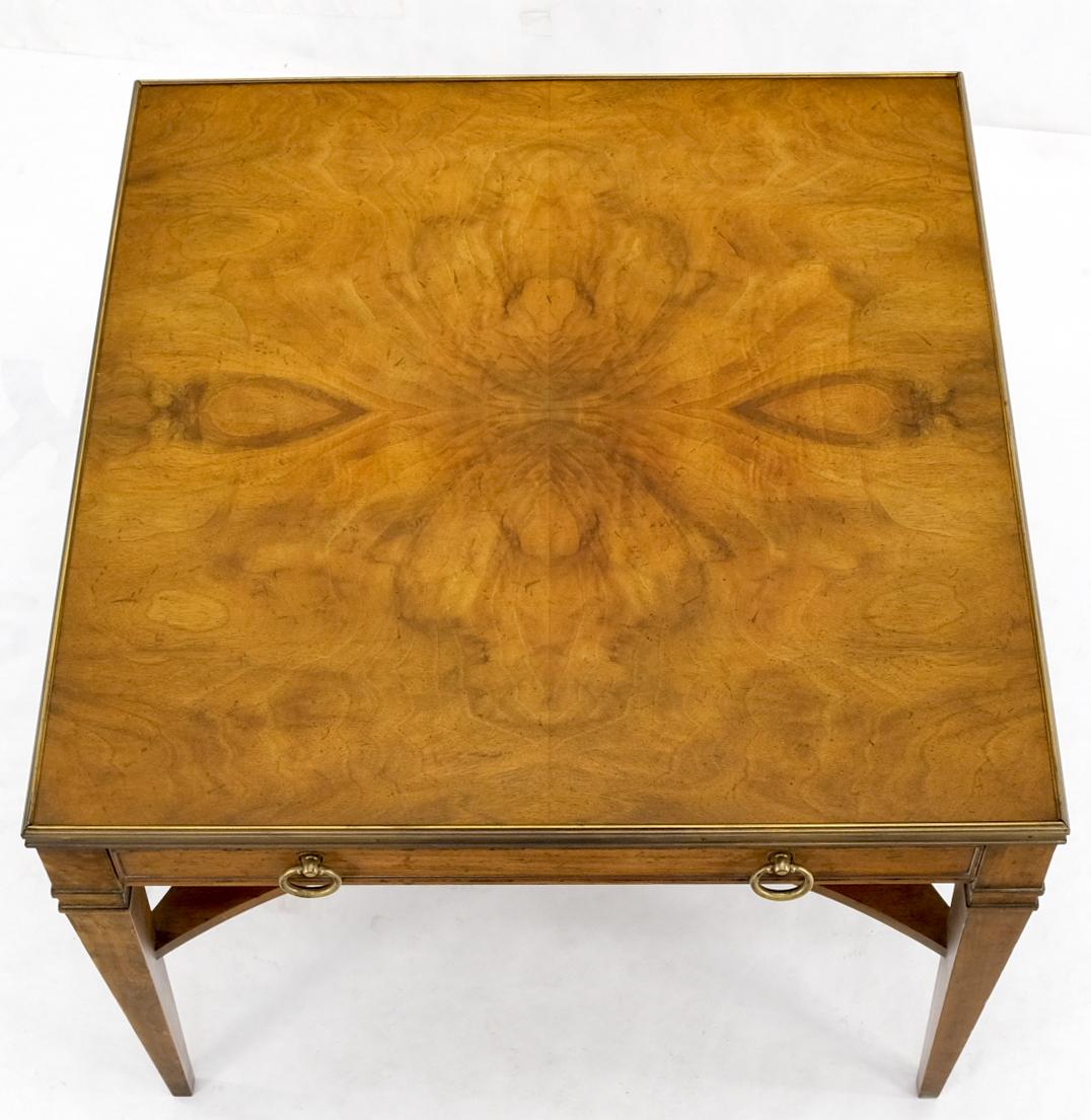 20th Century Baker Burl Walnut Square Brass Gallery Top Drawer Side Lamp Table Night Stand For Sale