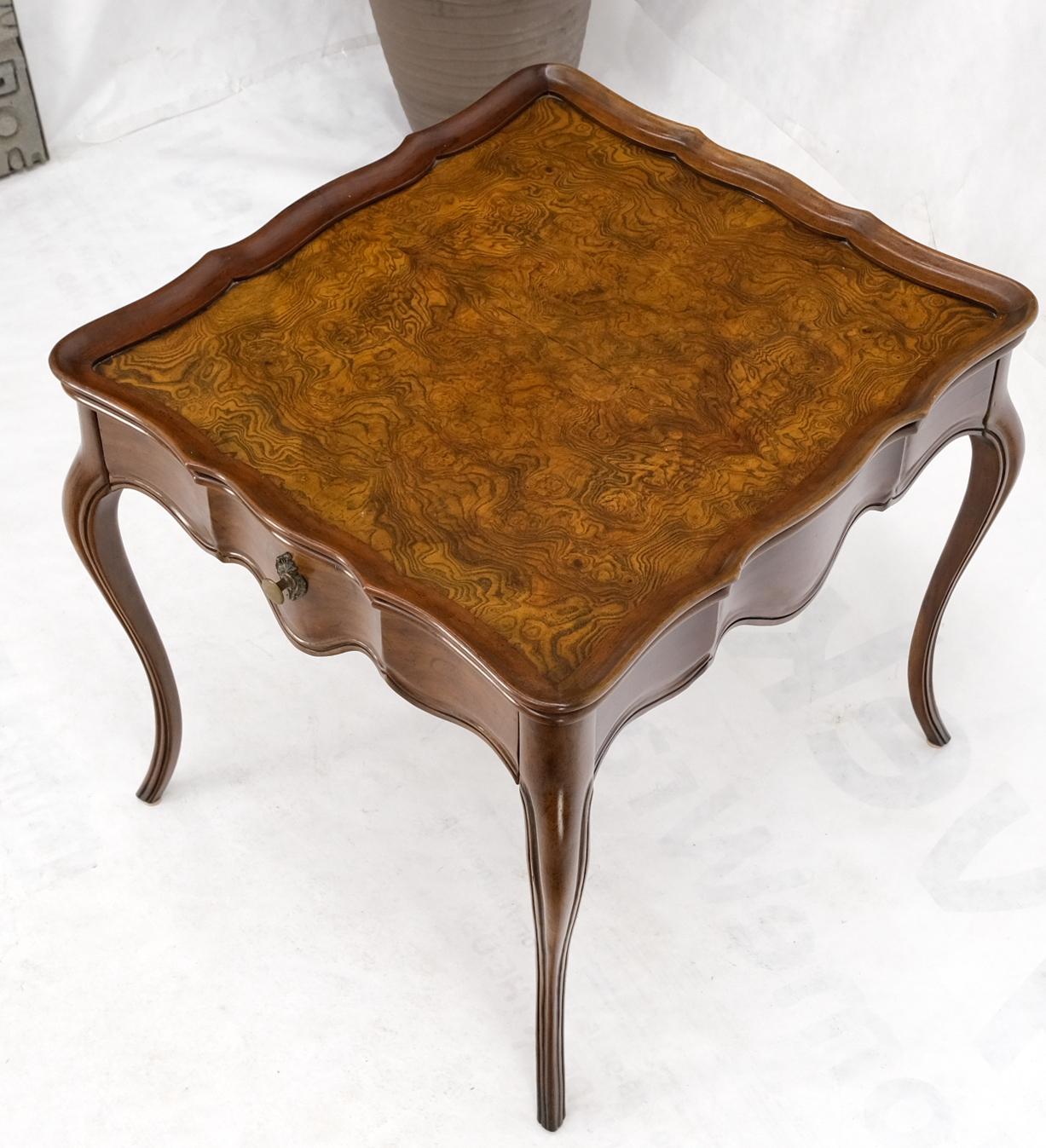 20th Century Baker Burl Wood Square One Drawer Cabriole Leg Side End Table Gallery Top For Sale