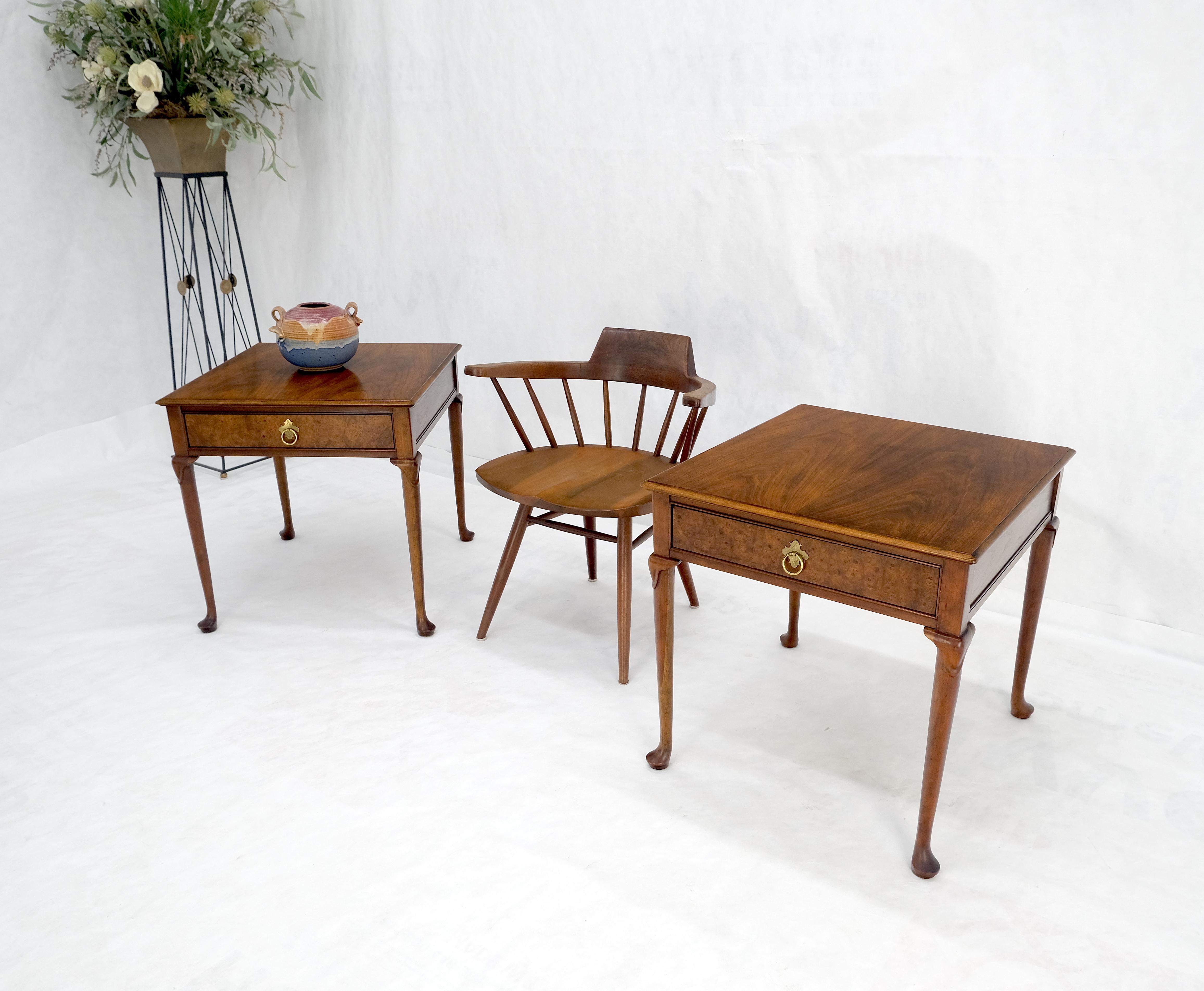 Pair of Baker Burl Wood Walnut Brass Drop Ring Pulls One Drawer Nightstands End Tables MINT!