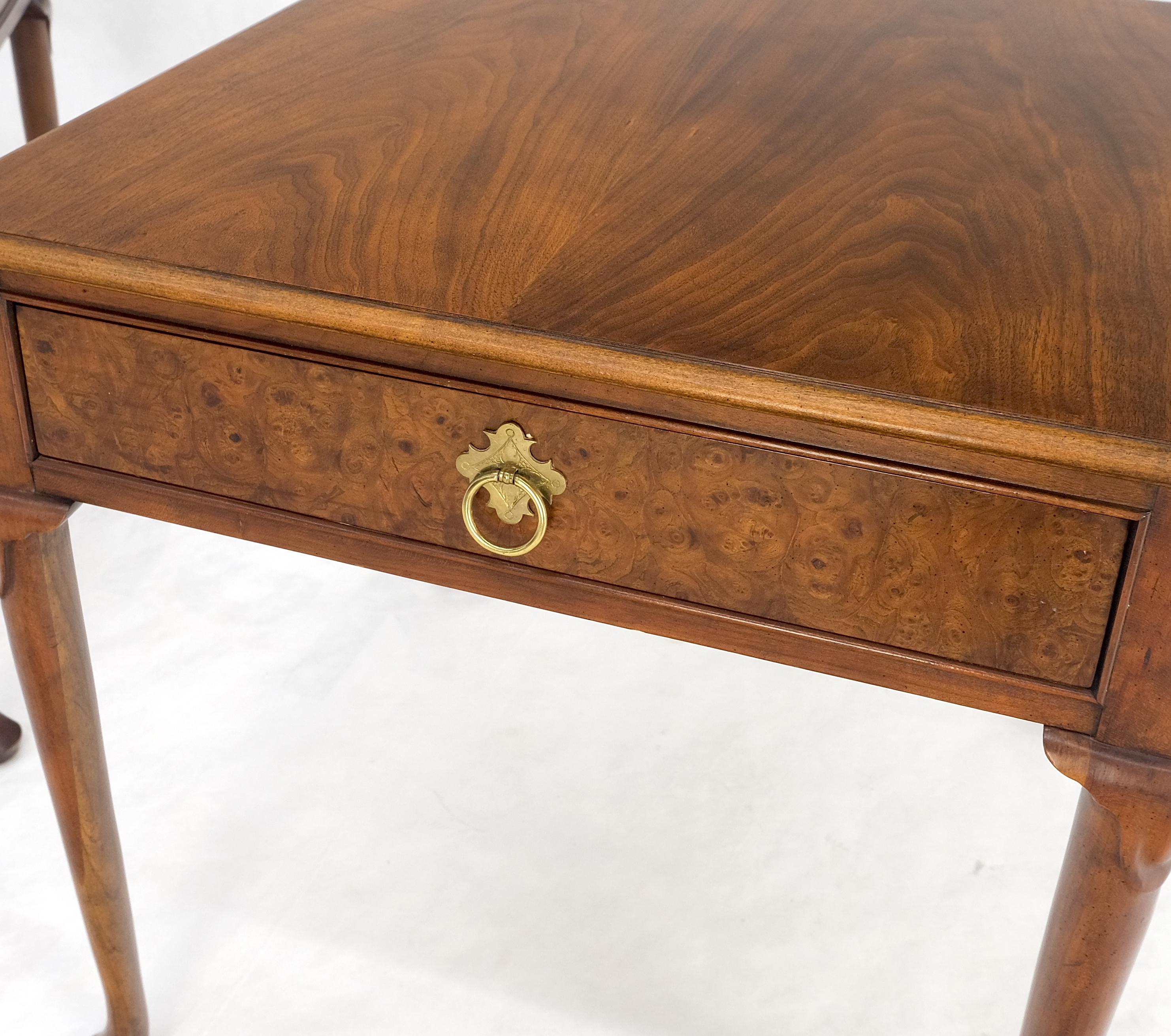 Mid-Century Modern Baker Burl Wood Walnut Brass Drop Ring Pulls One Drawer Nightstands End Tables For Sale