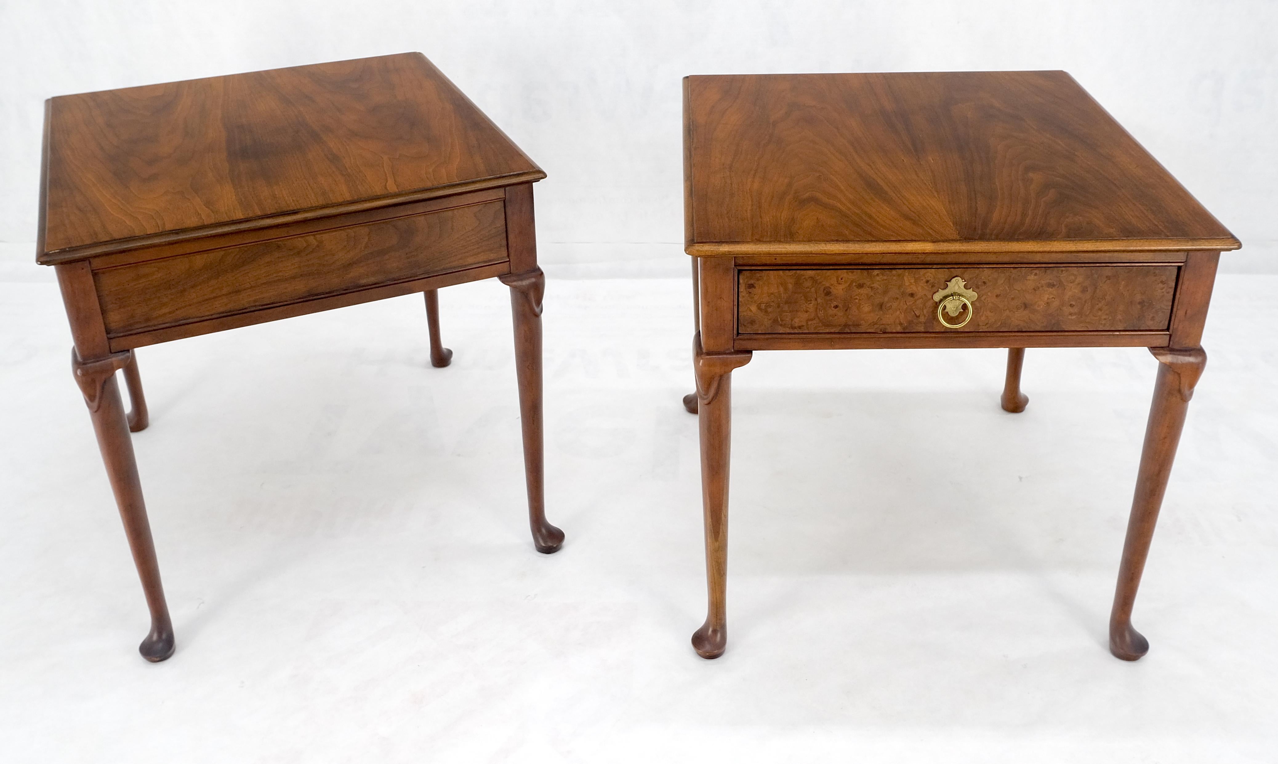 American Baker Burl Wood Walnut Brass Drop Ring Pulls One Drawer Nightstands End Tables For Sale