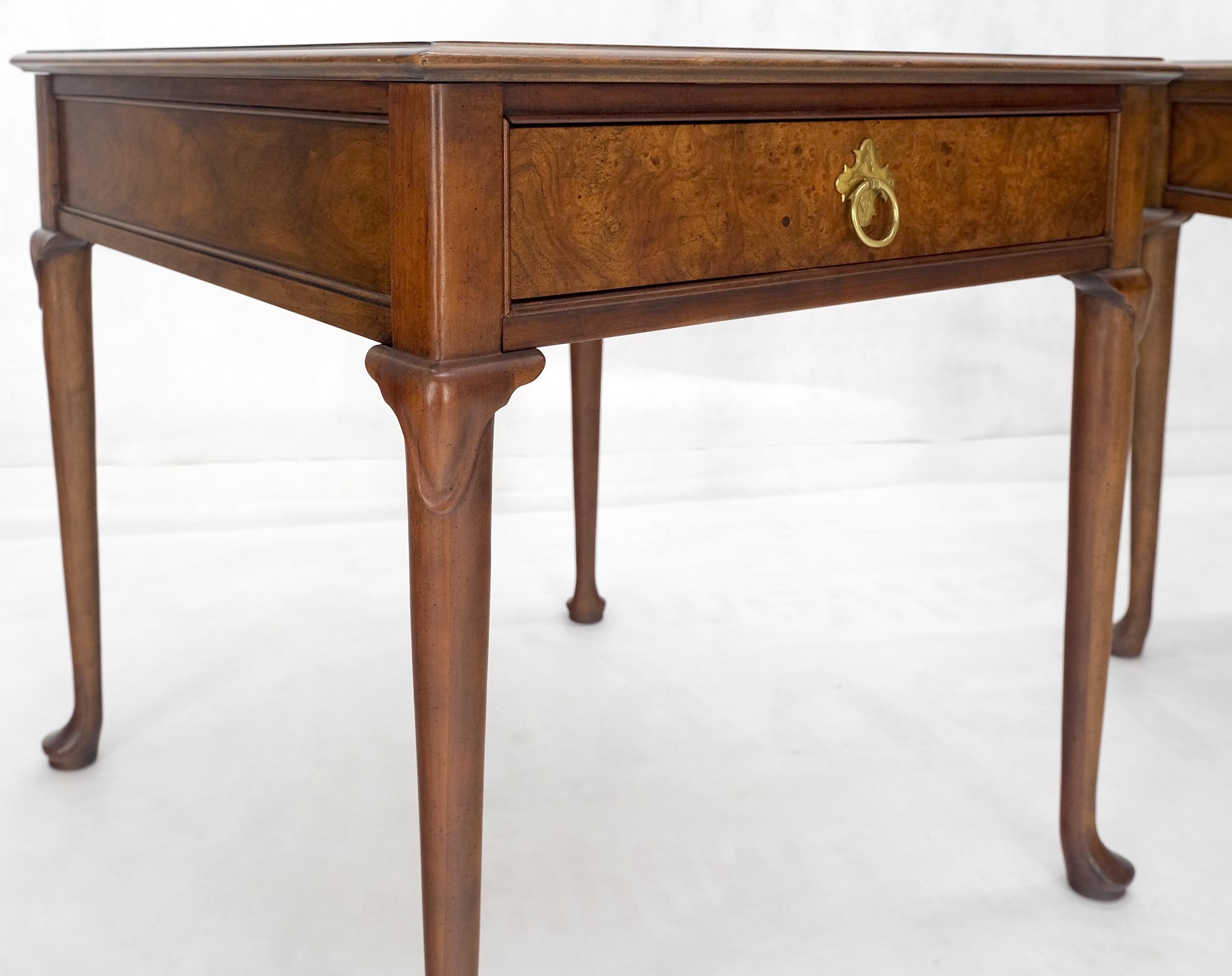Lacquered Baker Burl Wood Walnut Brass Drop Ring Pulls One Drawer Nightstands End Tables For Sale