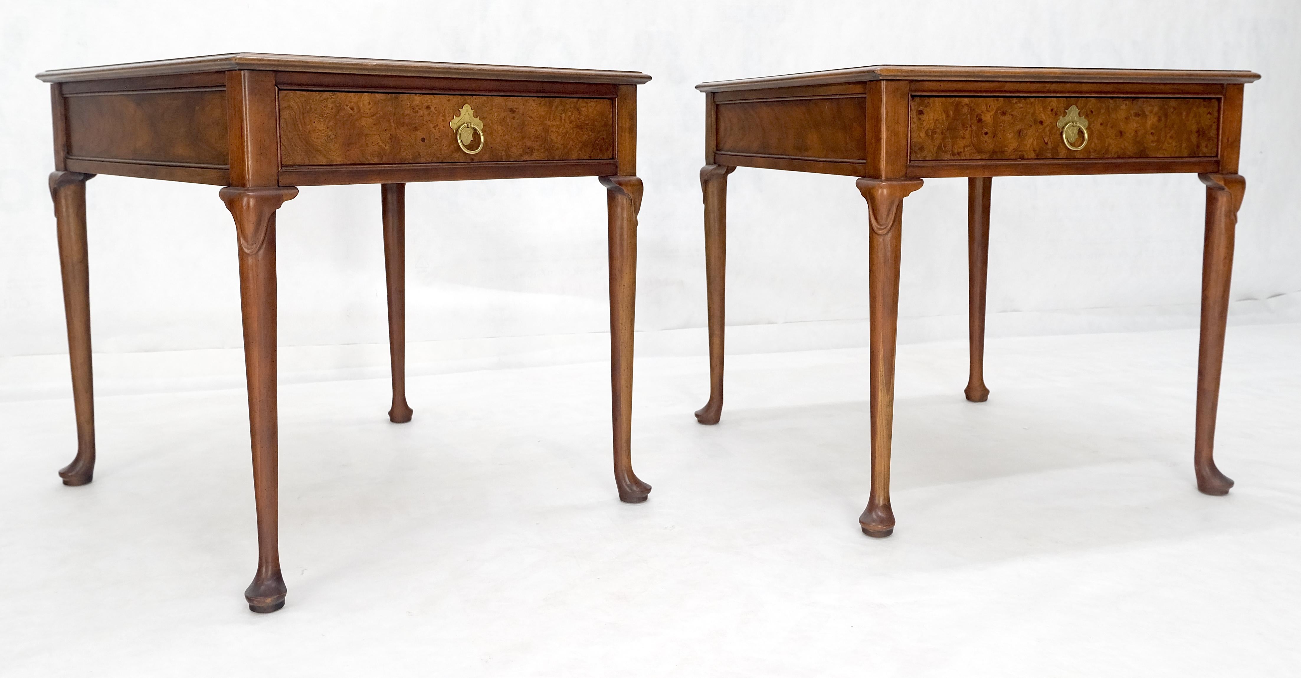 Baker Burl Wood Walnut Brass Drop Ring Pulls One Drawer Nightstands End Tables For Sale 1