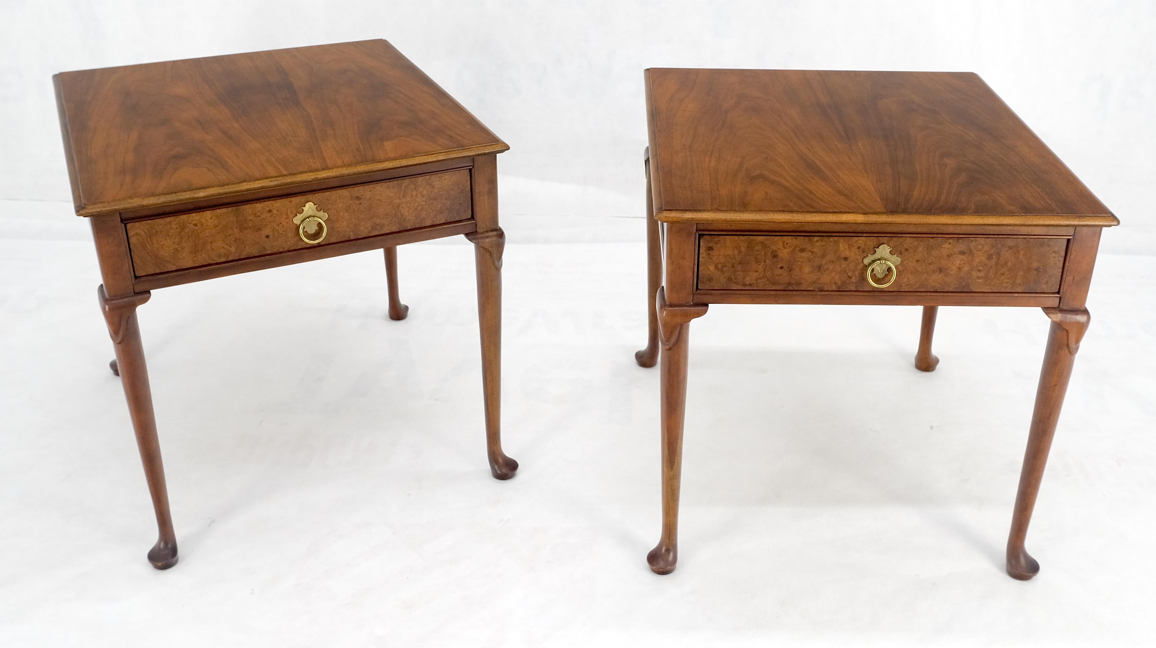 Baker Burl Wood Walnut Brass Drop Ring Pulls One Drawer Nightstands End Tables For Sale 2