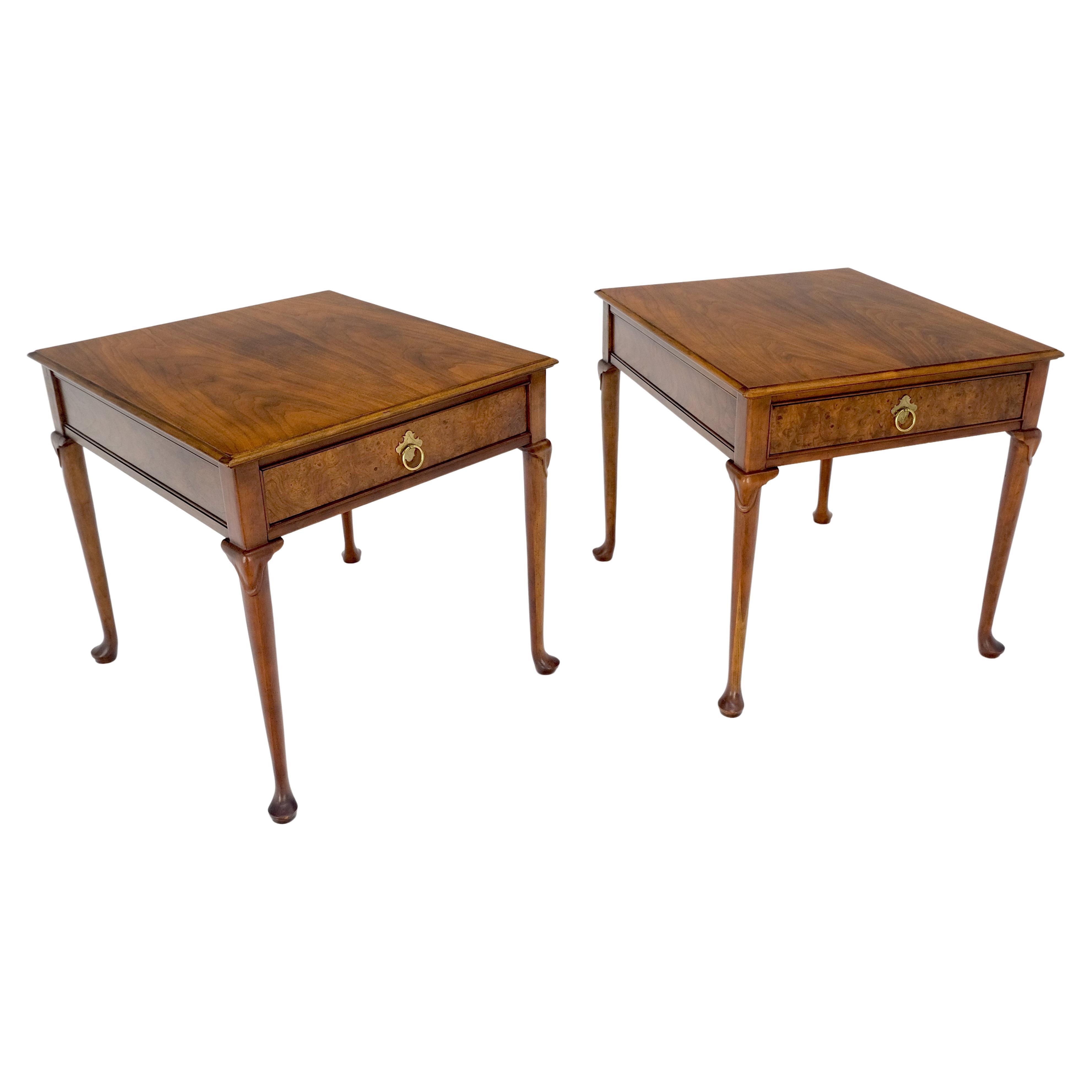 Baker Burl Wood Walnut Brass Drop Ring Pulls One Drawer Nightstands End Tables For Sale