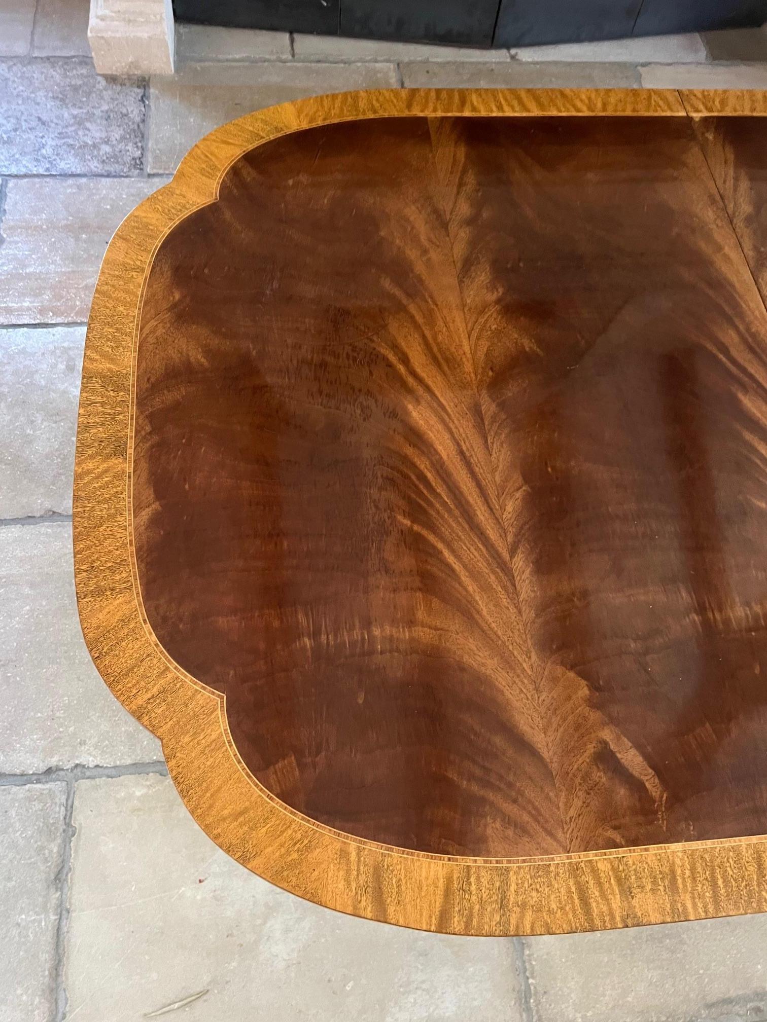 Georgian style double pedestal table with two extensions. Made by Baker Furniture as part of the 