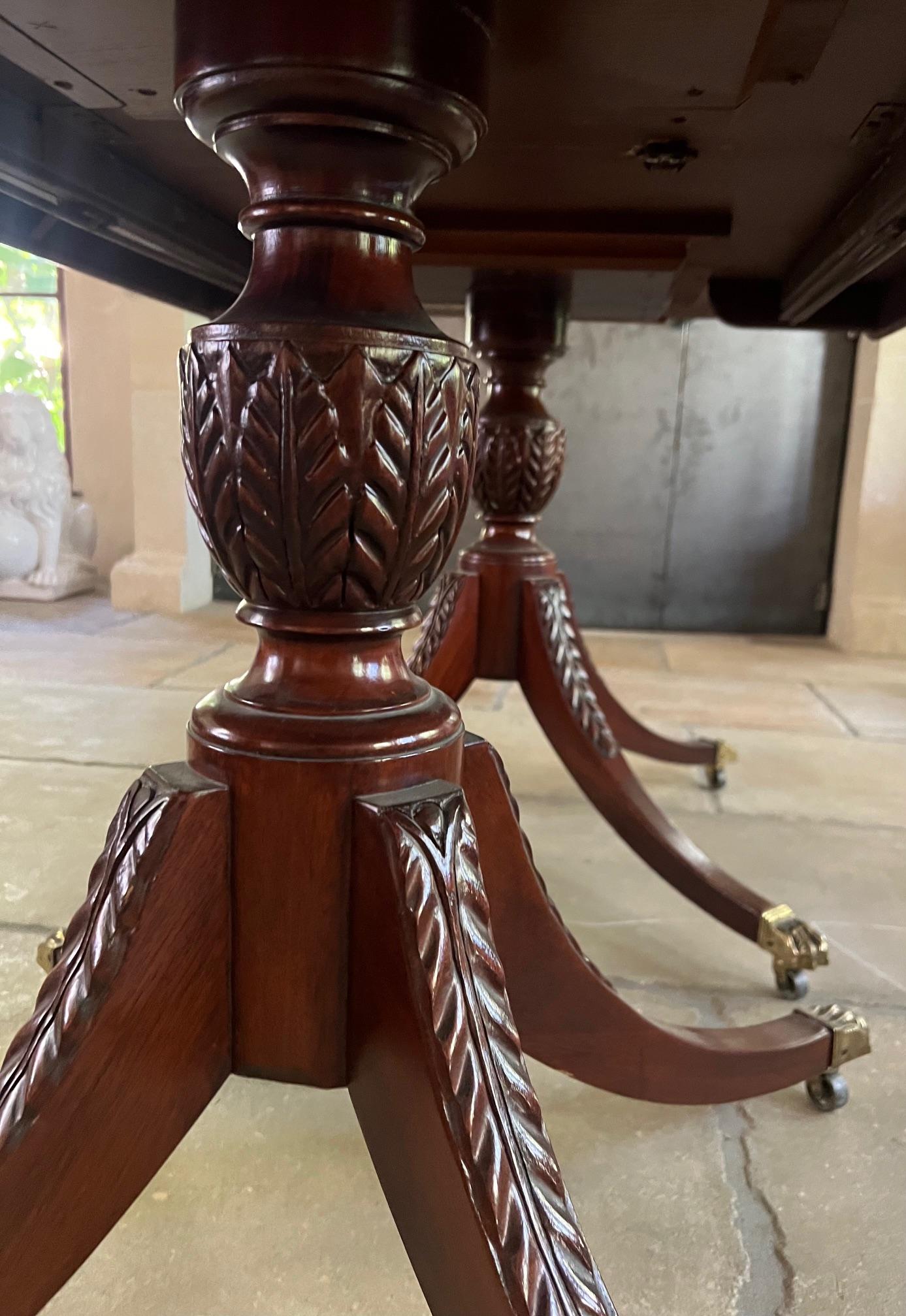Georgian Baker Charleston Mahogany Double Pedestal Table & Two Leaves, c. 1980's