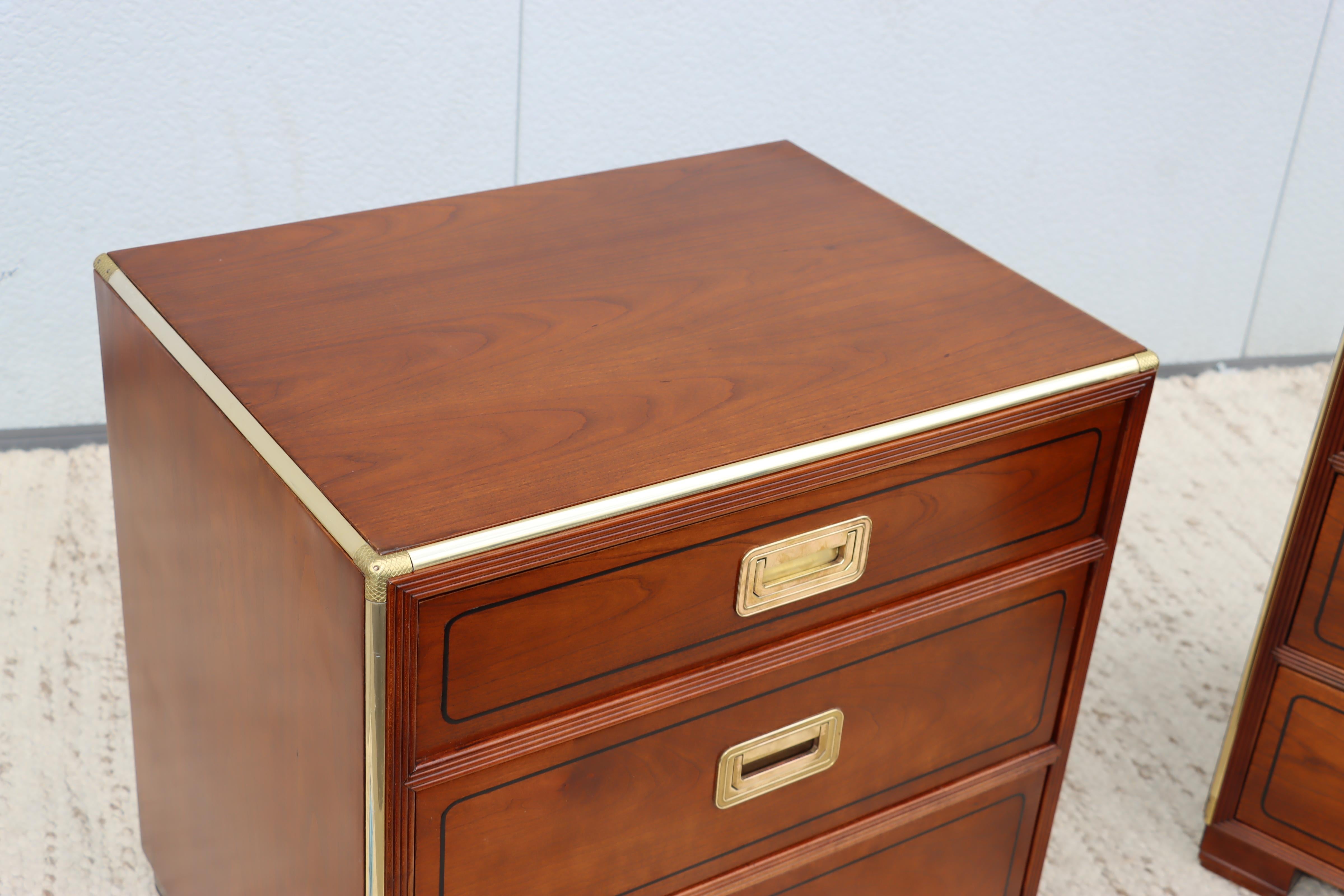 Baker Cherrywood and Brass 3 Drawer Night Stands For Sale 7