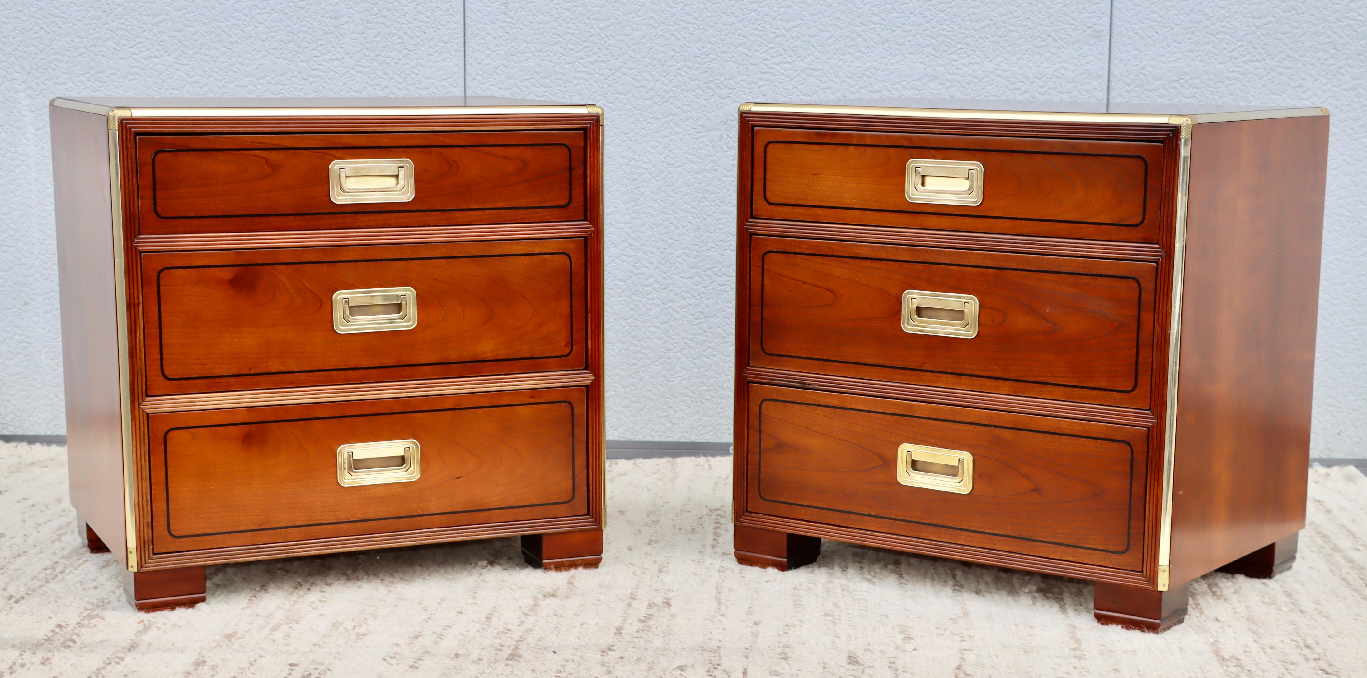Amazing pair of cherrywood and brass 3 drawer night stand by Baker, newly restored with minor wear and patina due to age and use.