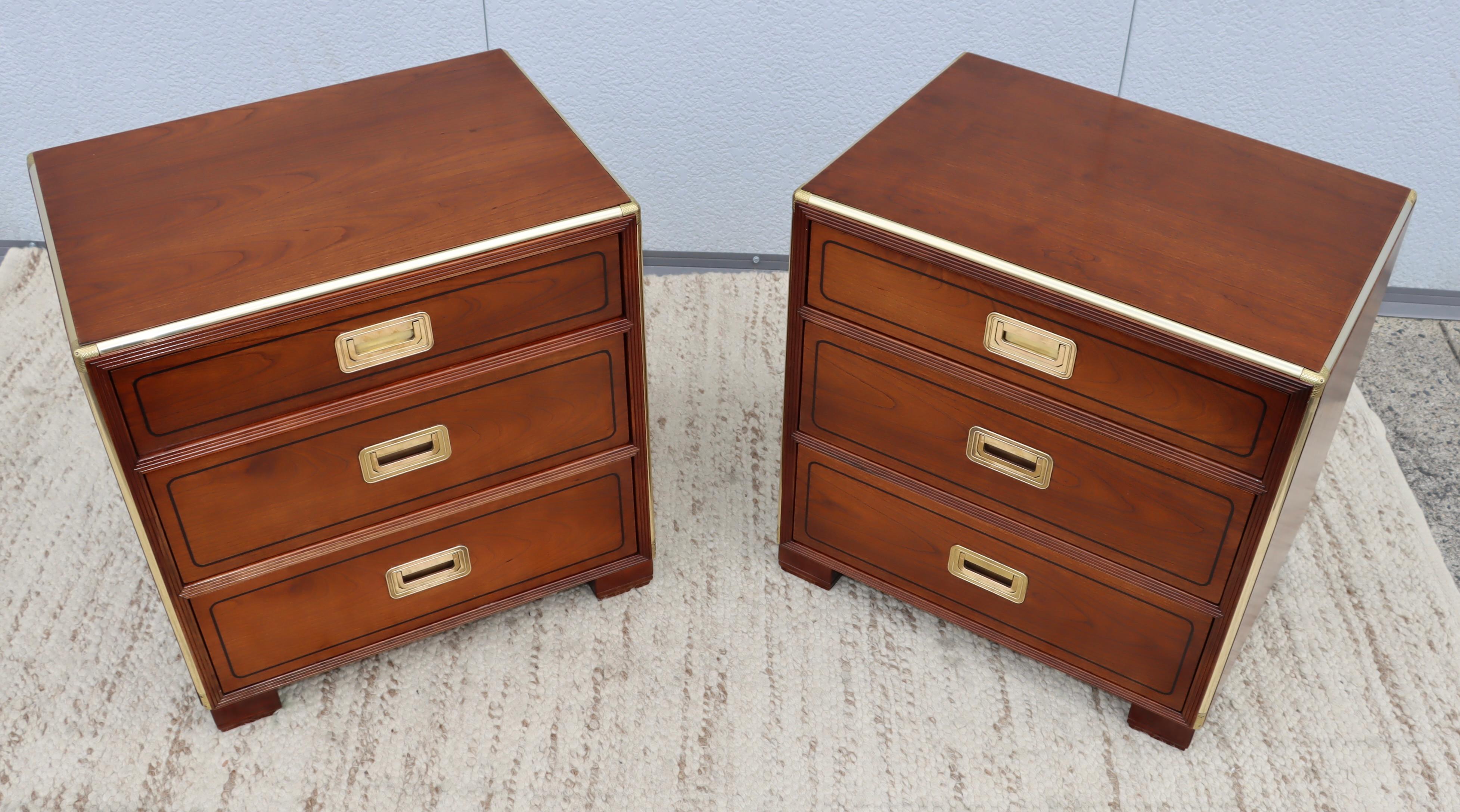 Campaign Baker Cherrywood and Brass 3 Drawer Night Stands For Sale