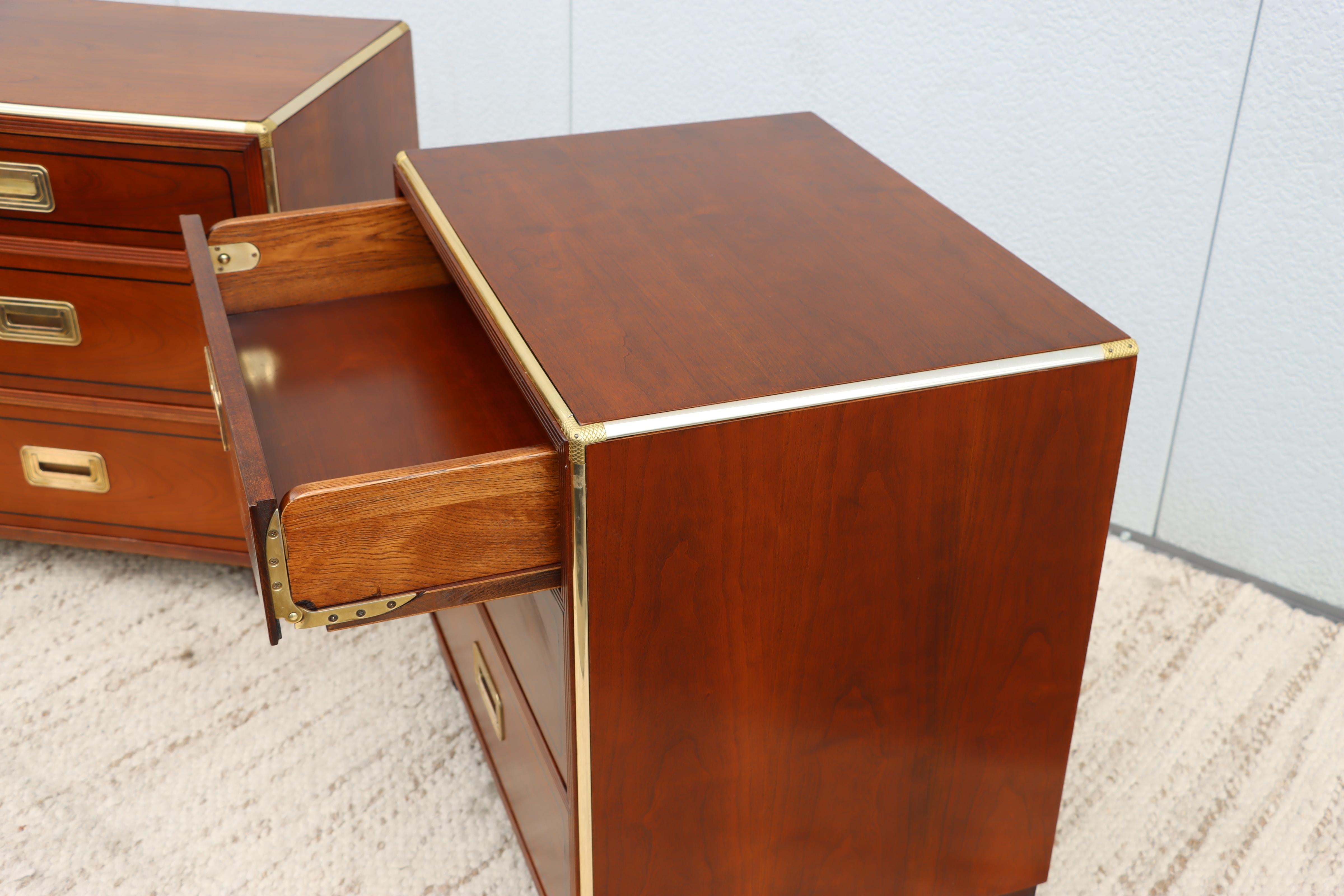 Baker Cherrywood and Brass 3 Drawer Night Stands In Good Condition For Sale In New York, NY
