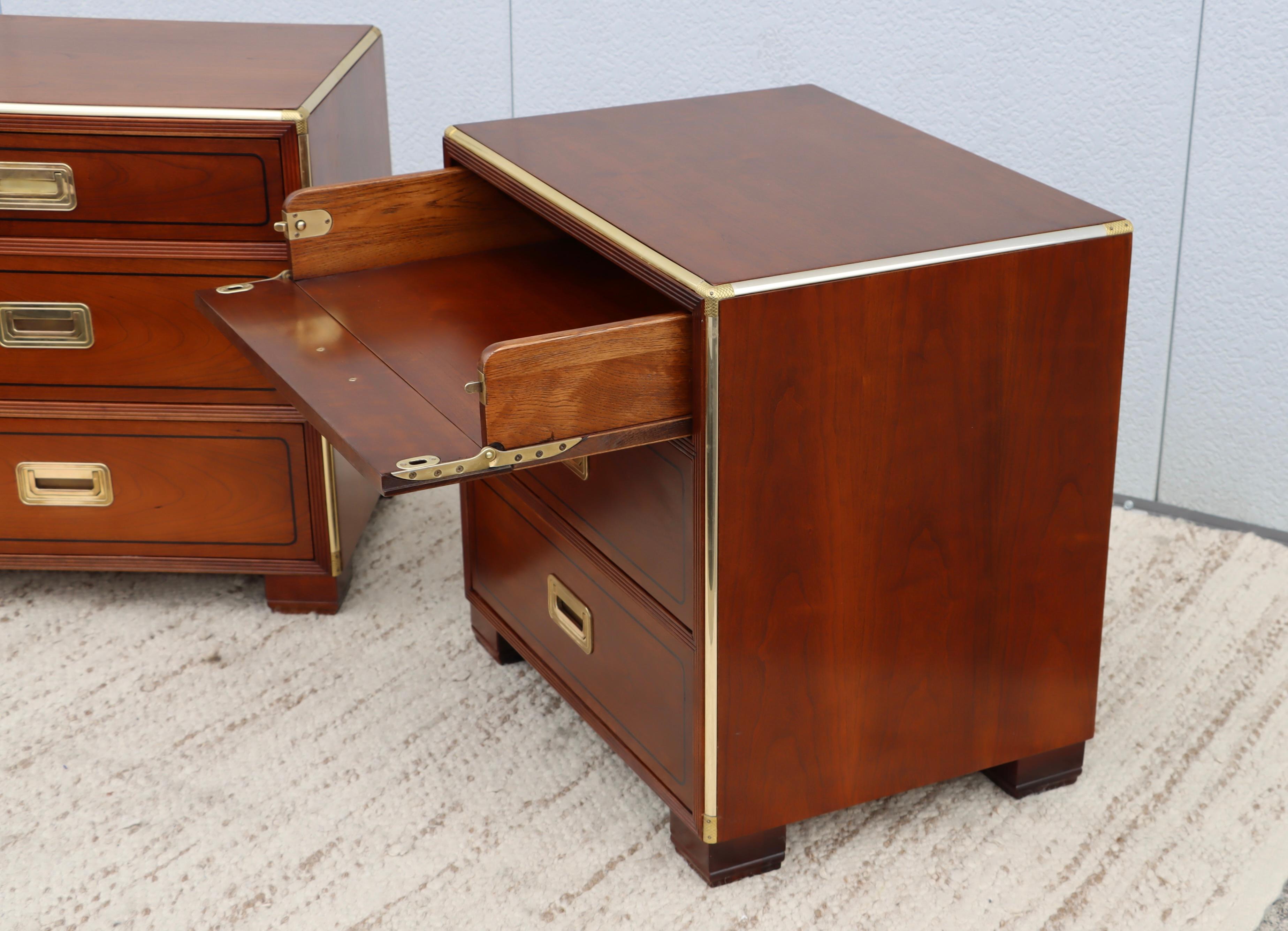Mid-20th Century Baker Cherrywood and Brass 3 Drawer Night Stands For Sale
