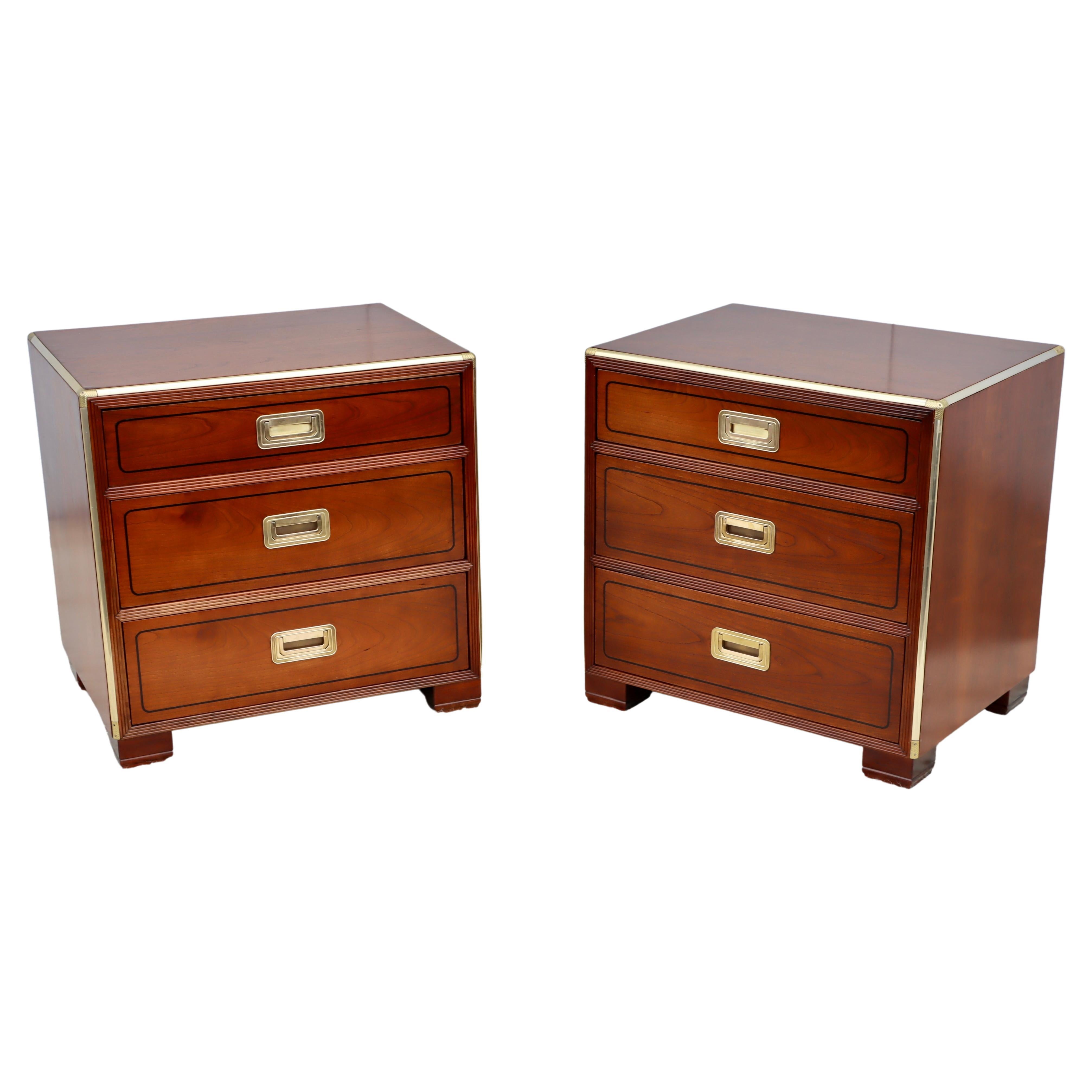 Baker Cherrywood and Brass 3 Drawer Night Stands For Sale