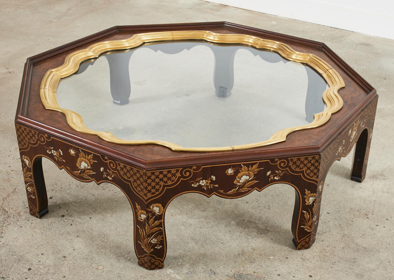 Baker Chinoiserie Octagonal Lacquered Brass Tray Cocktail Table For Sale 6