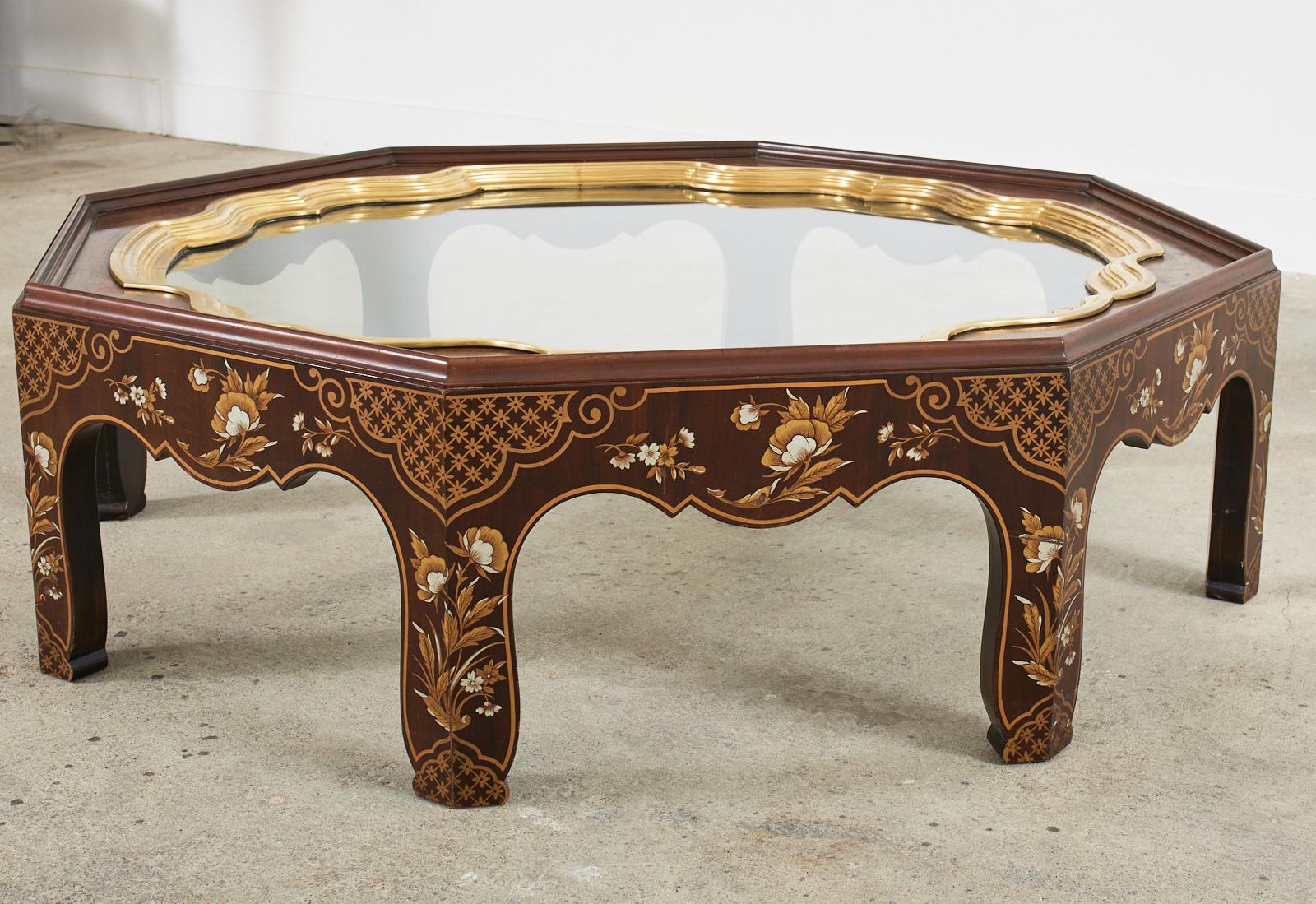 Baker Chinoiserie Octagonal Lacquered Brass Tray Cocktail Table For Sale 12