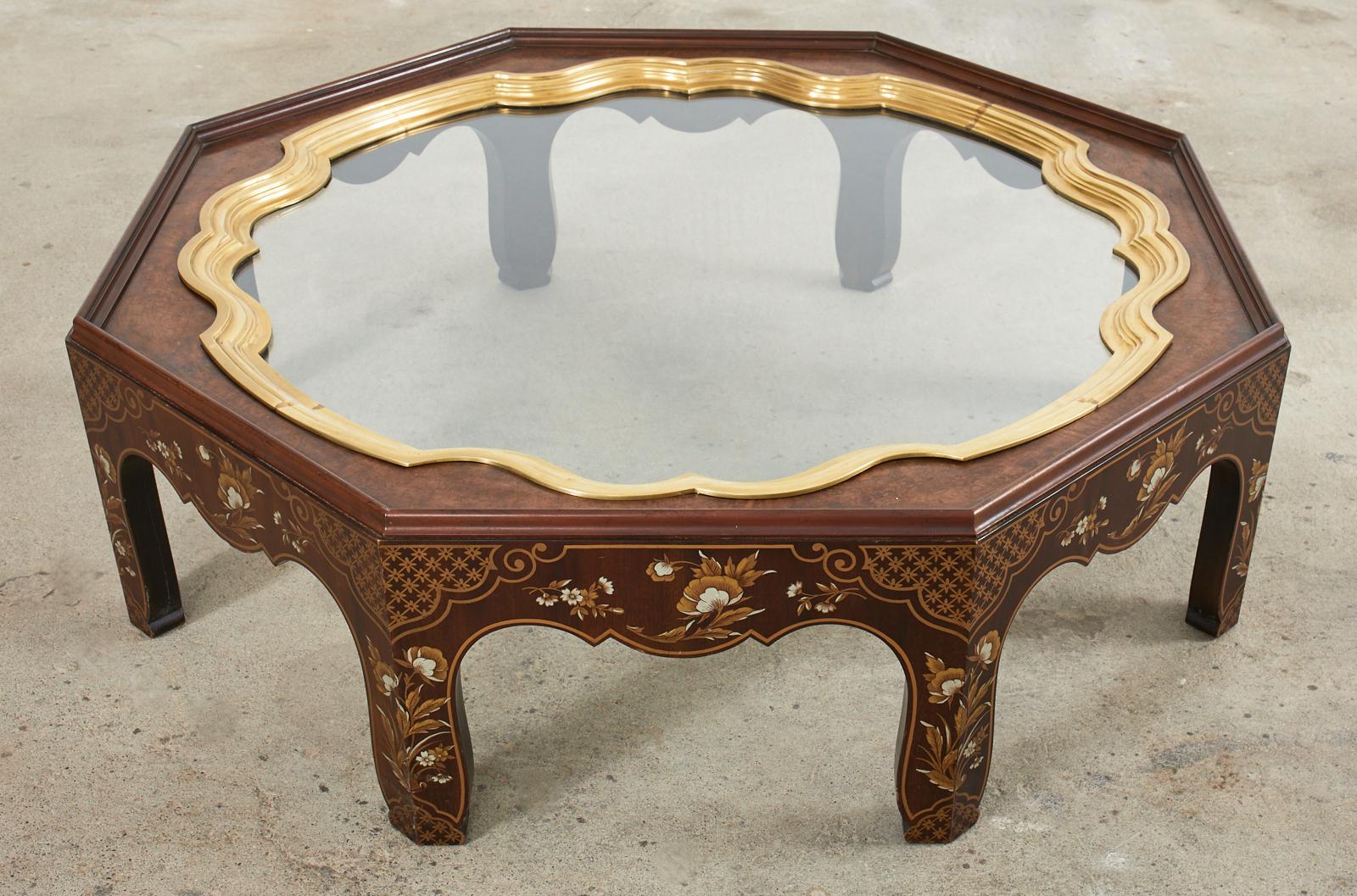 American Baker Chinoiserie Octagonal Lacquered Brass Tray Cocktail Table For Sale