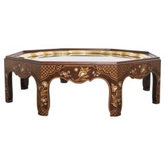 Baker Chinoiserie Octagonal Lacquered Brass Tray Cocktail Table