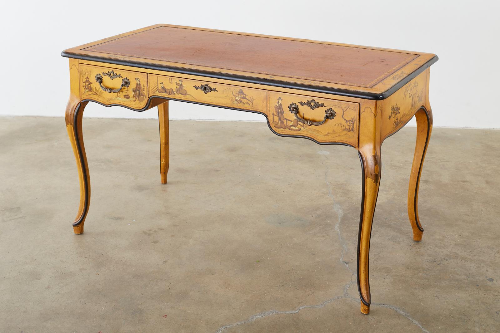 American Baker Chinoiserie Yellow Lacquered Writing Table Desk