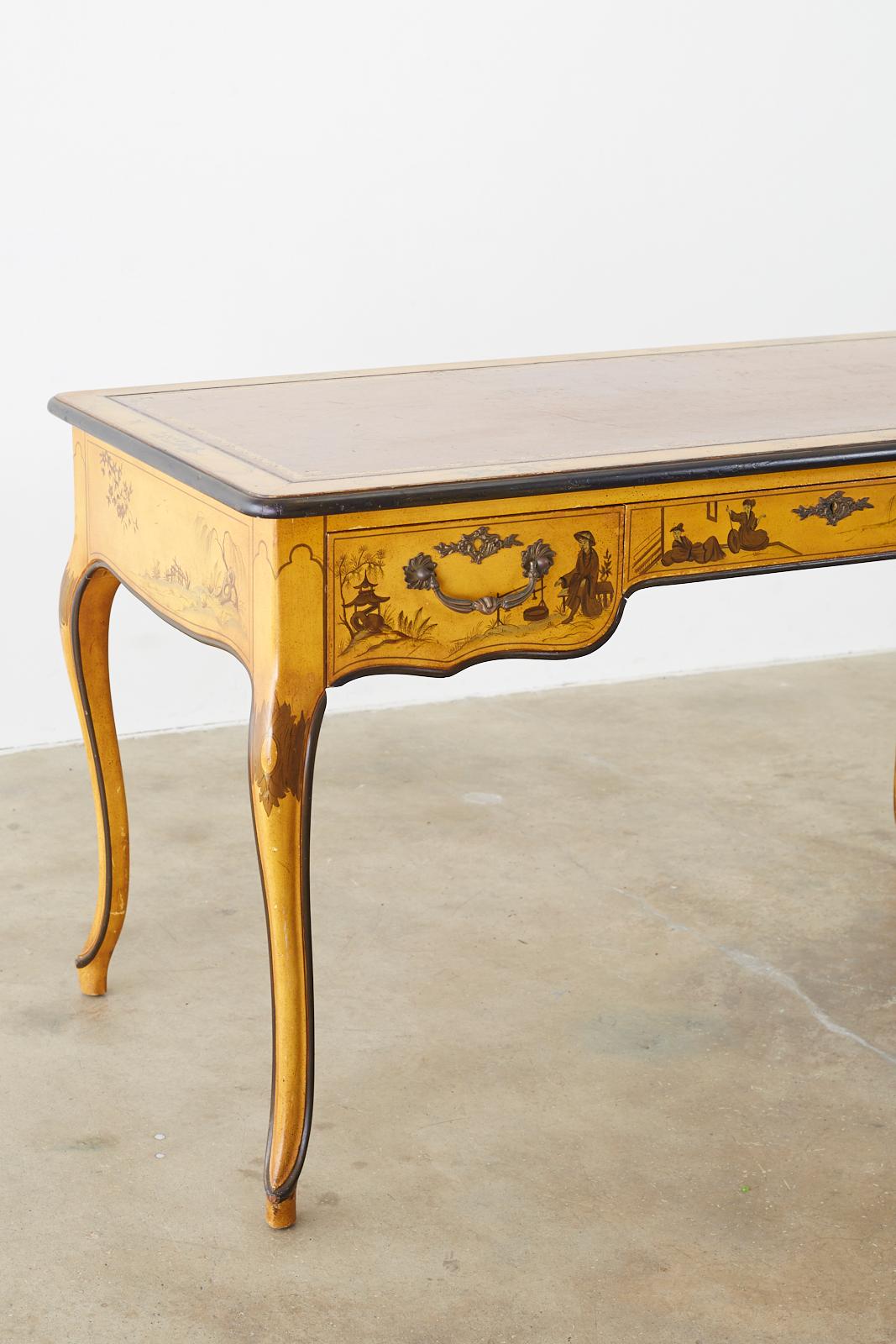 Baker Chinoiserie Yellow Lacquered Writing Table Desk In Good Condition In Rio Vista, CA