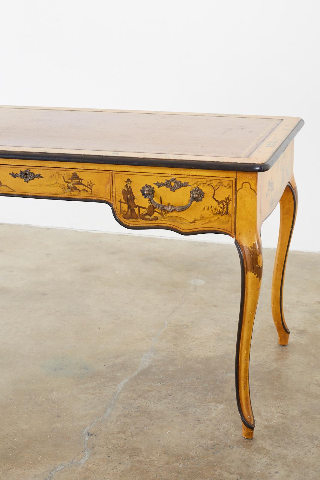 20th Century Baker Chinoiserie Yellow Lacquered Writing Table Desk