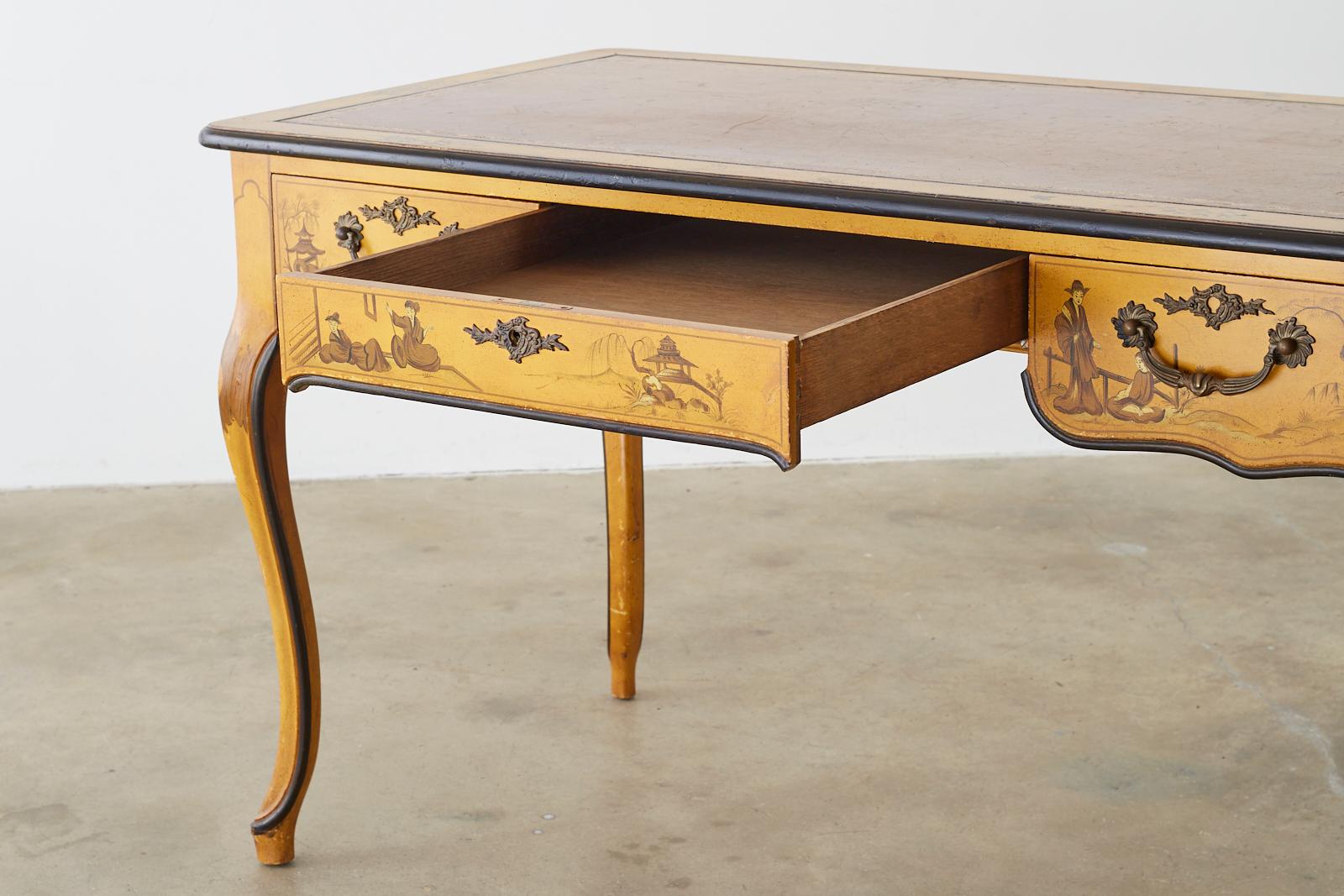 Baker Chinoiserie Yellow Lacquered Writing Table Desk 1