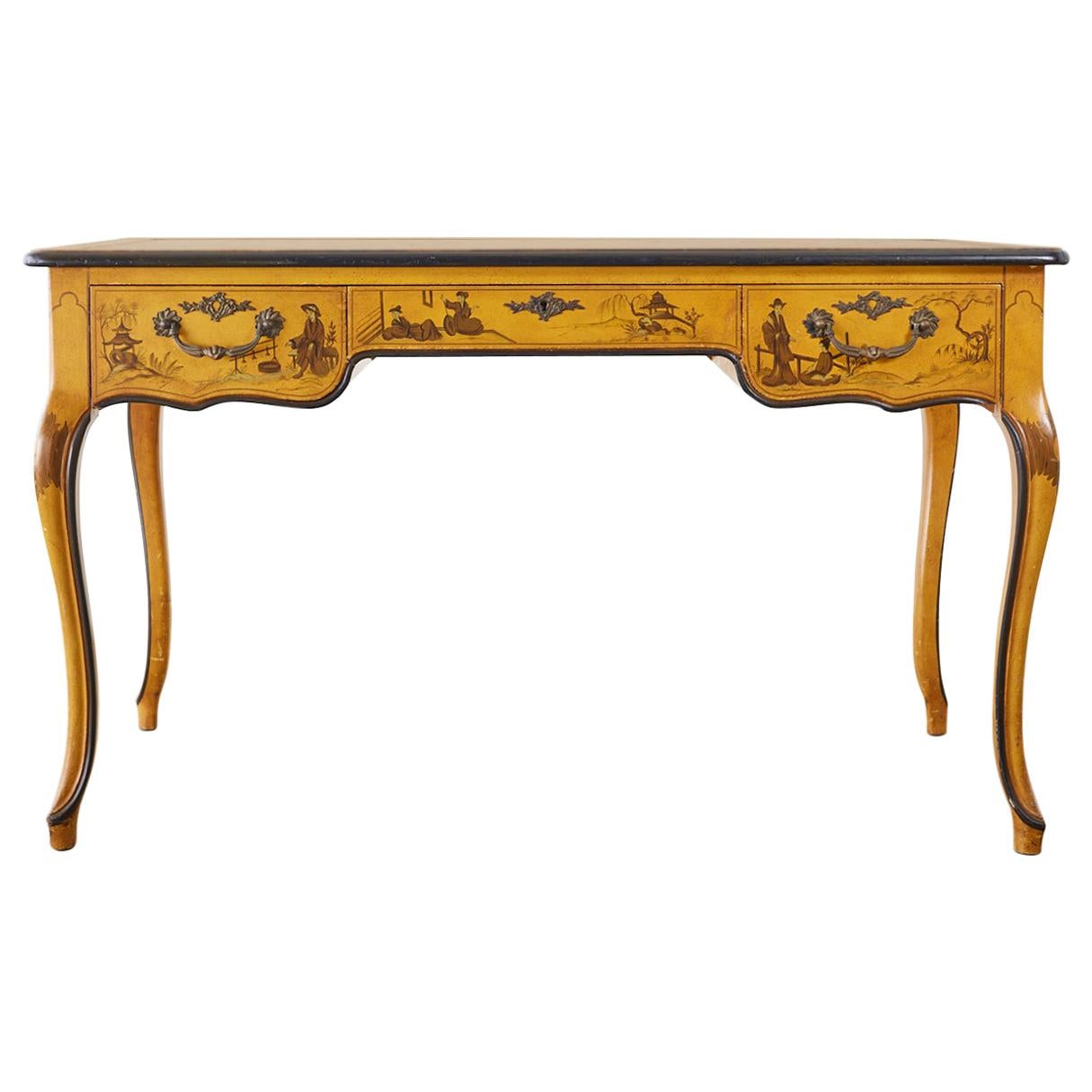 Baker Chinoiserie Yellow Lacquered Writing Table Desk