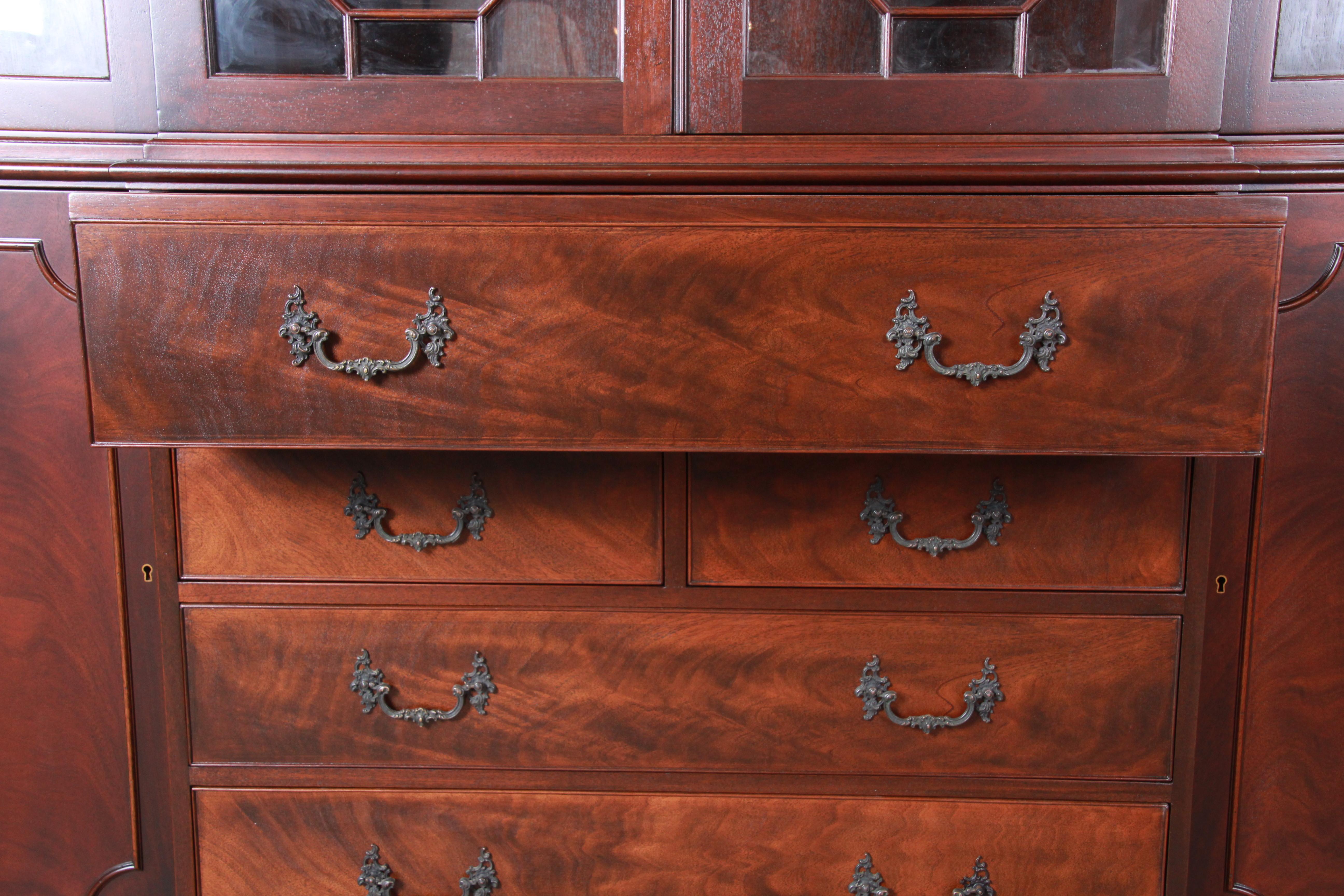 Baker Chippendale Mahogany Breakfront Cabinet Secretary Desk, Newly Restored 3