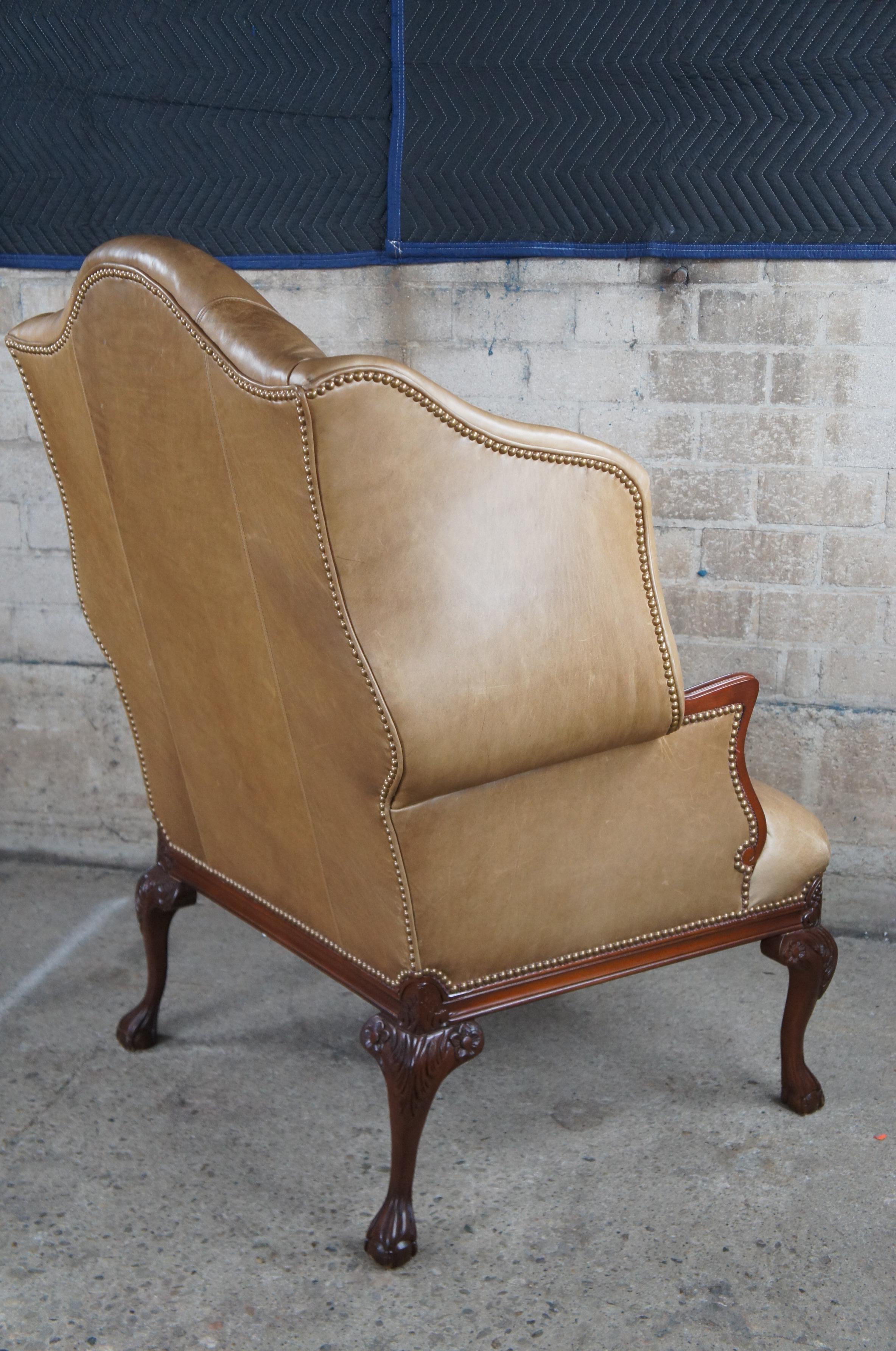 Baker Chippendale Mahogany Leather Nailhead Wingback Library Club Arm Chair  For Sale 6