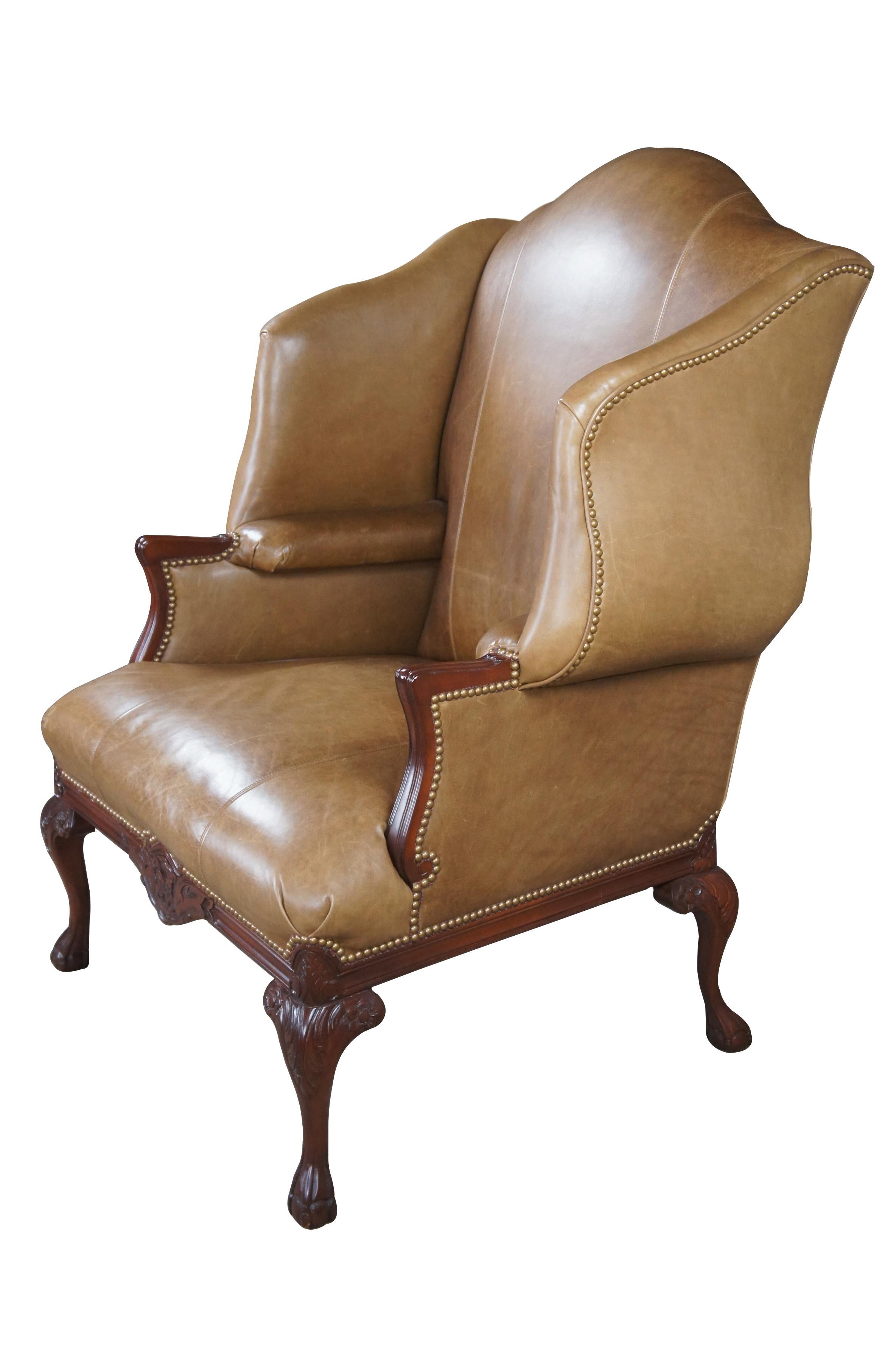 Baker Chippendale Mahogany Leather Nailhead Wingback Library Club Arm Chair  In Good Condition For Sale In Dayton, OH