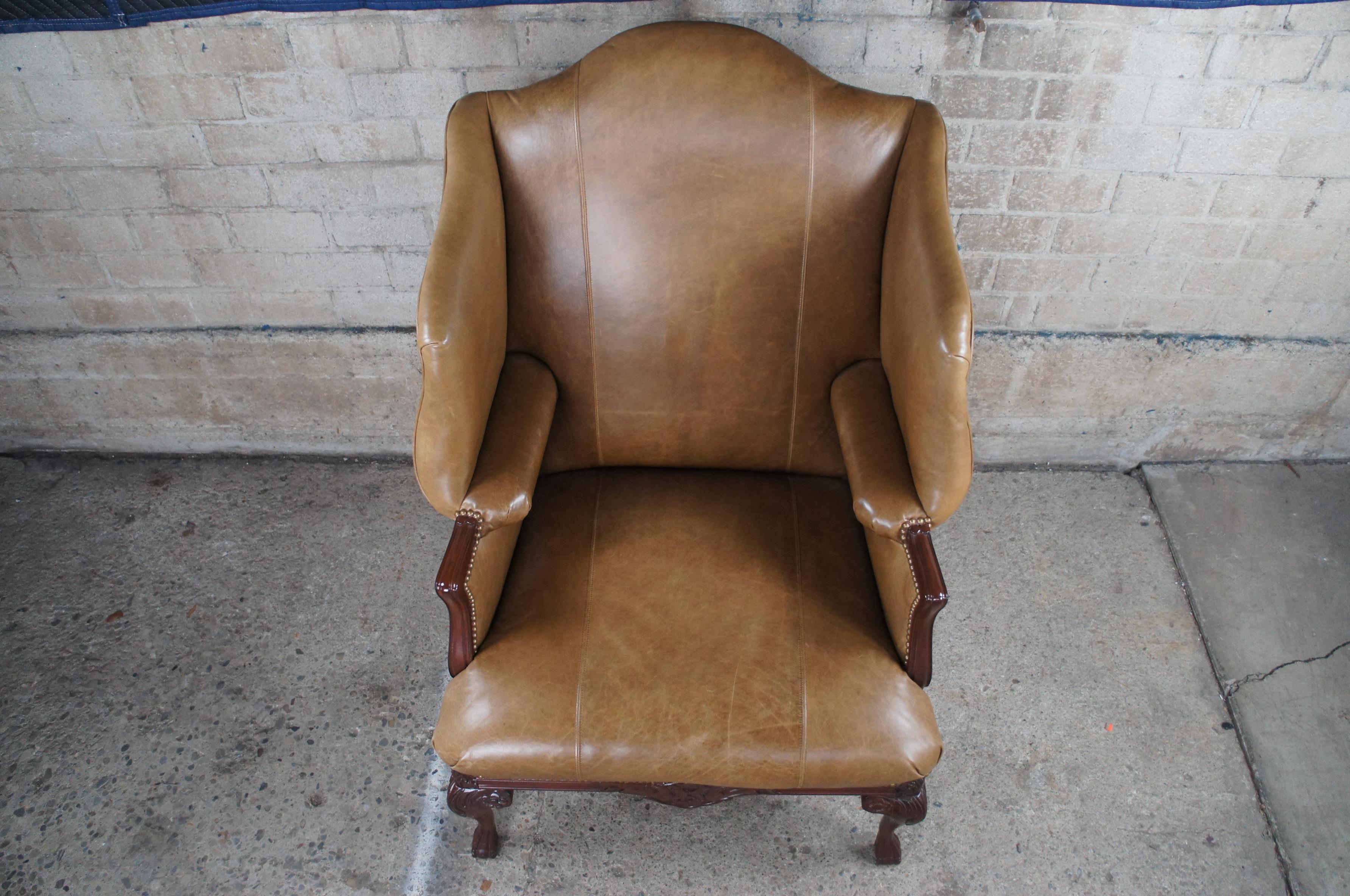 20th Century Baker Chippendale Mahogany Leather Nailhead Wingback Library Club Arm Chair  For Sale