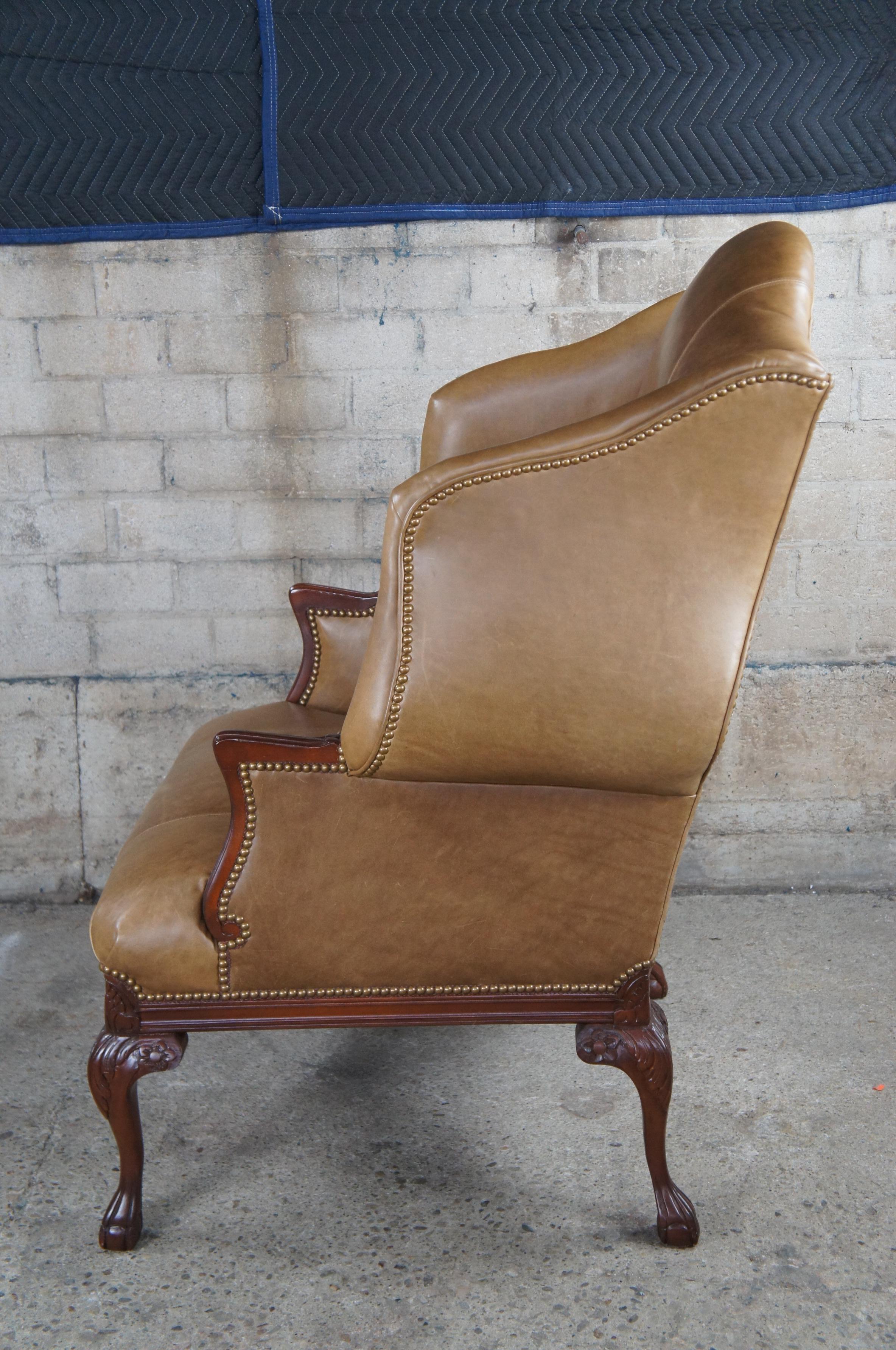 Baker Chippendale Mahogany Leather Nailhead Wingback Library Club Arm Chair  For Sale 3